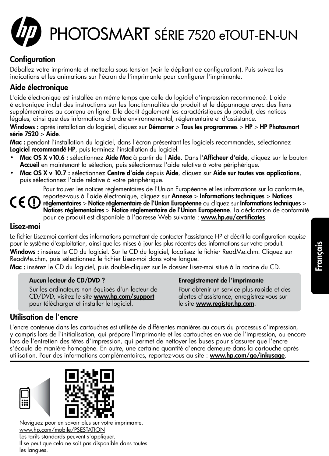 HP 7520 Configuration, Aide électronique, Lisez-moi, Utilisation de lencre, Pour télécharger et installer le logiciel 