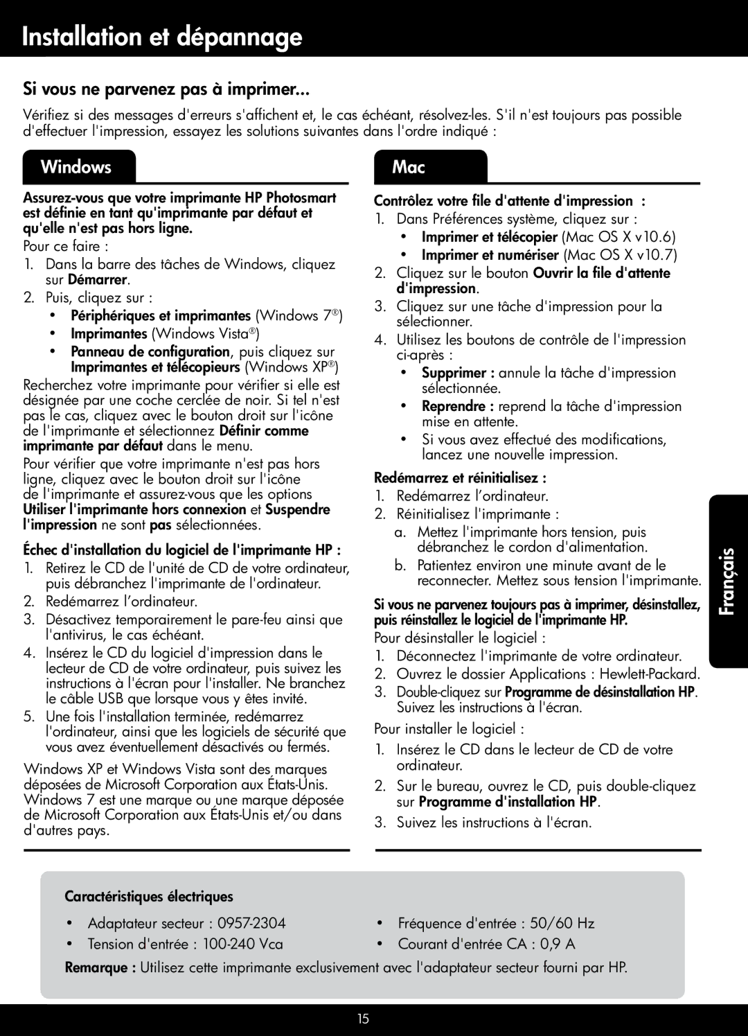 HP 7520 Installation et dépannage, Si vous ne parvenez pas à imprimer, Échec dinstallation du logiciel de limprimante HP 