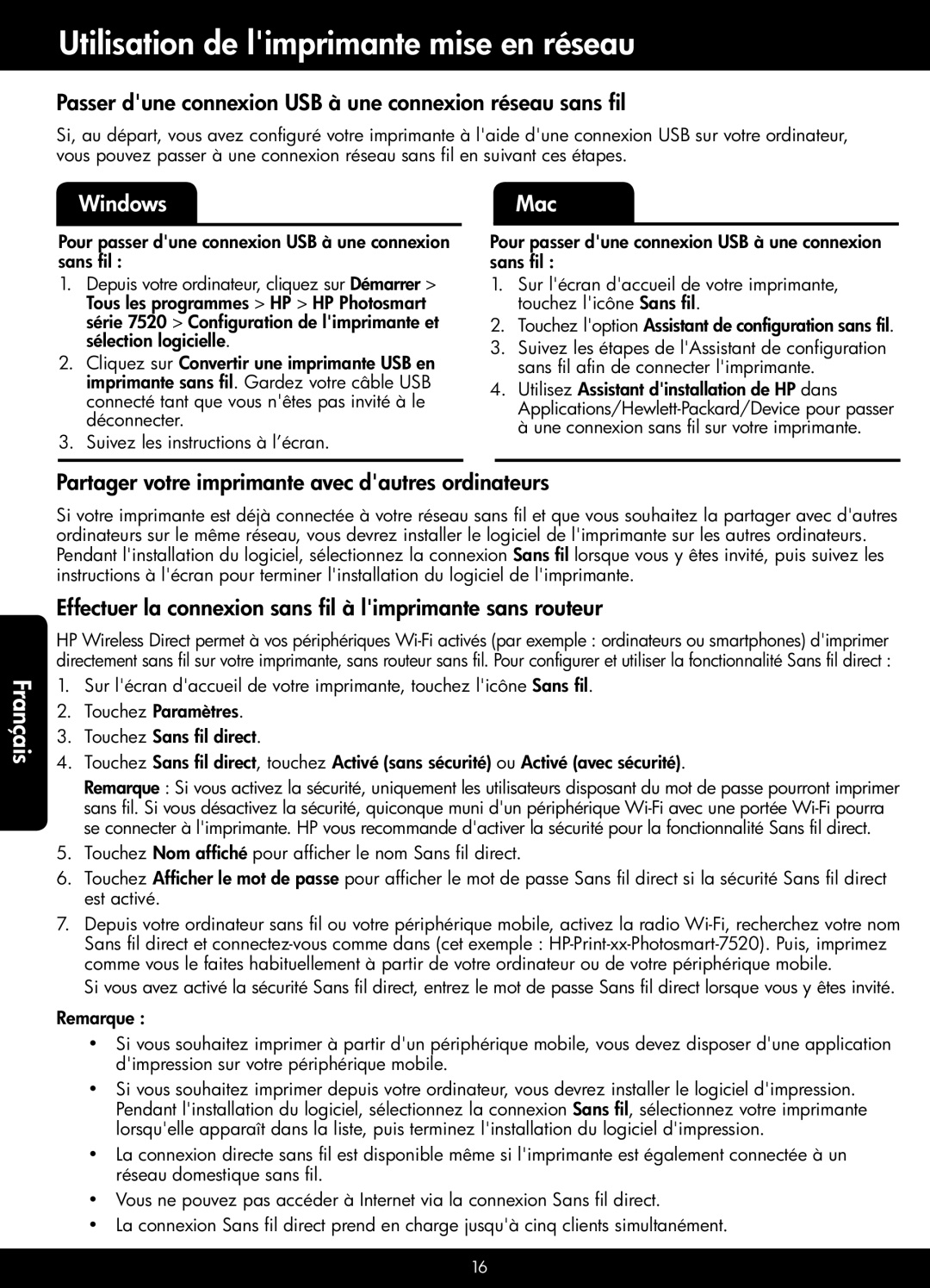 HP 7525, 7520 manual Utilisation de limprimante mise en réseau, Passer dune connexion USB à une connexion réseau sans fil 