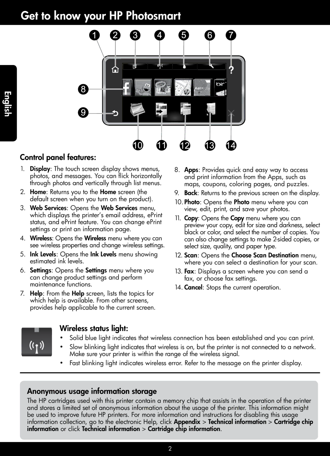 HP 7525 Get to know your HP Photosmart, Control panel features, Wireless status light, Anonymous usage information storage 