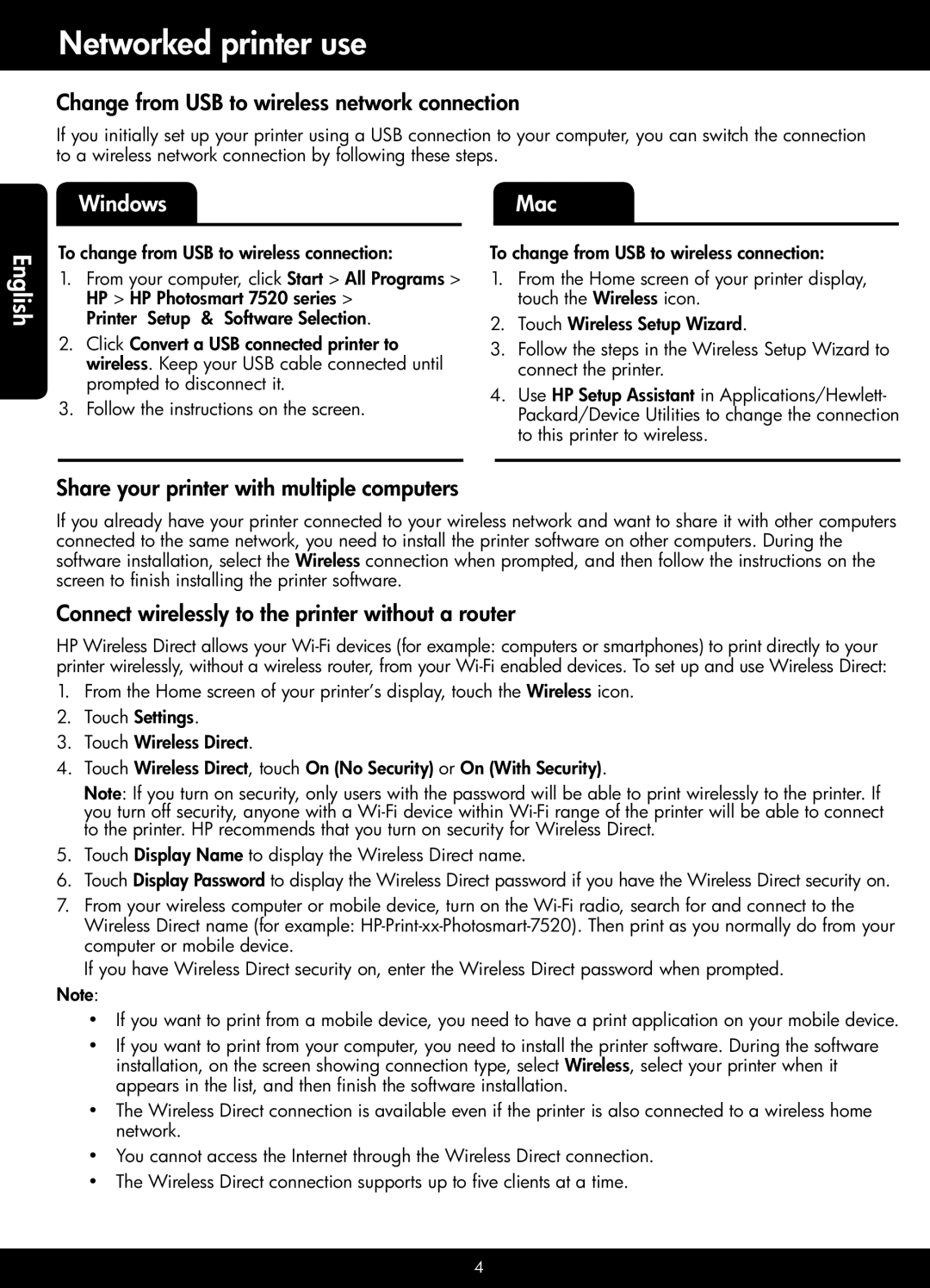 HP 7525 Networked printer use, Change from USB to wireless network connection, Share your printer with multiple computers 