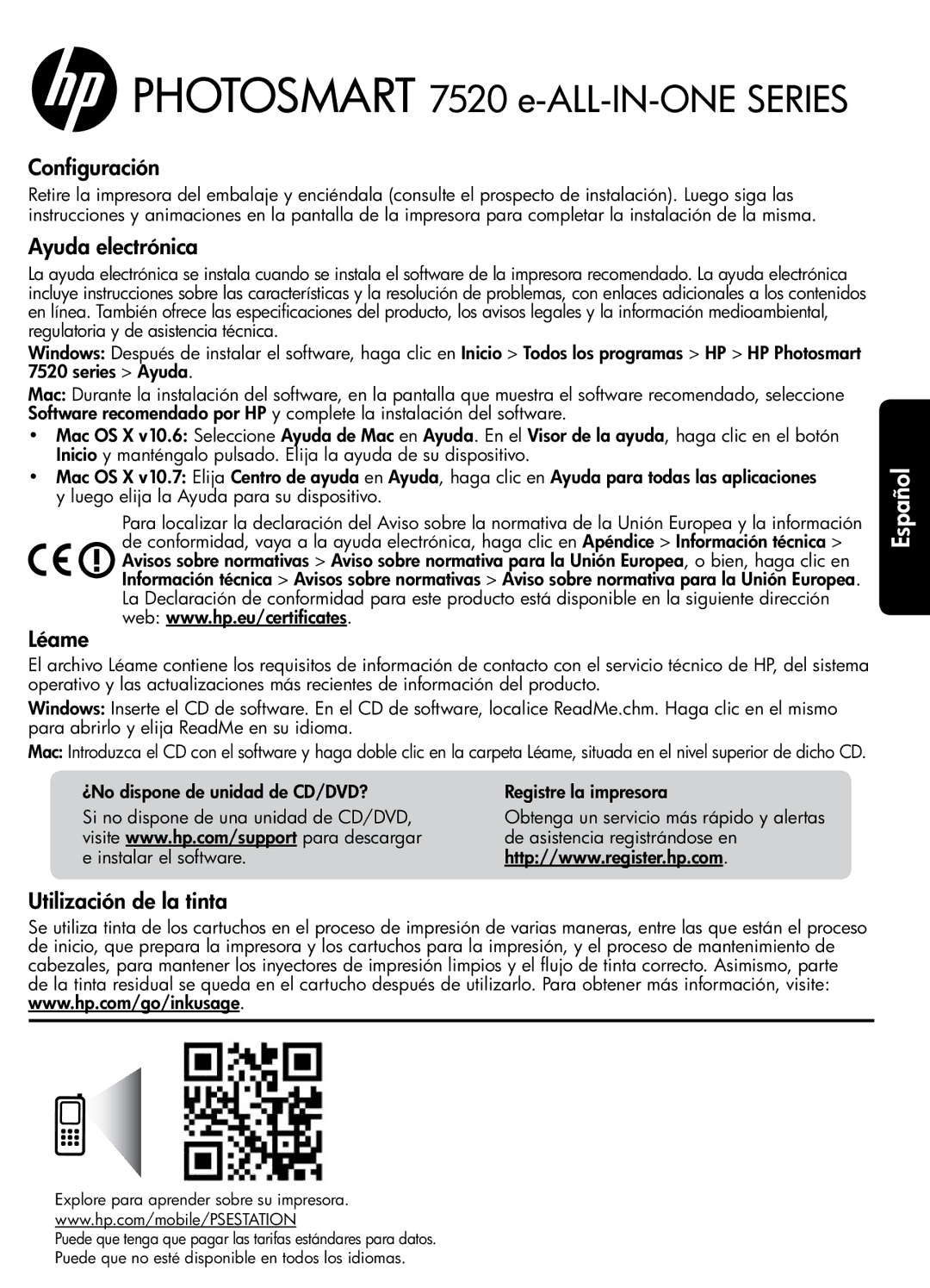 HP 7520, 7525 manual Configuración, Ayuda electrónica, Léame, Utilización de la tinta 