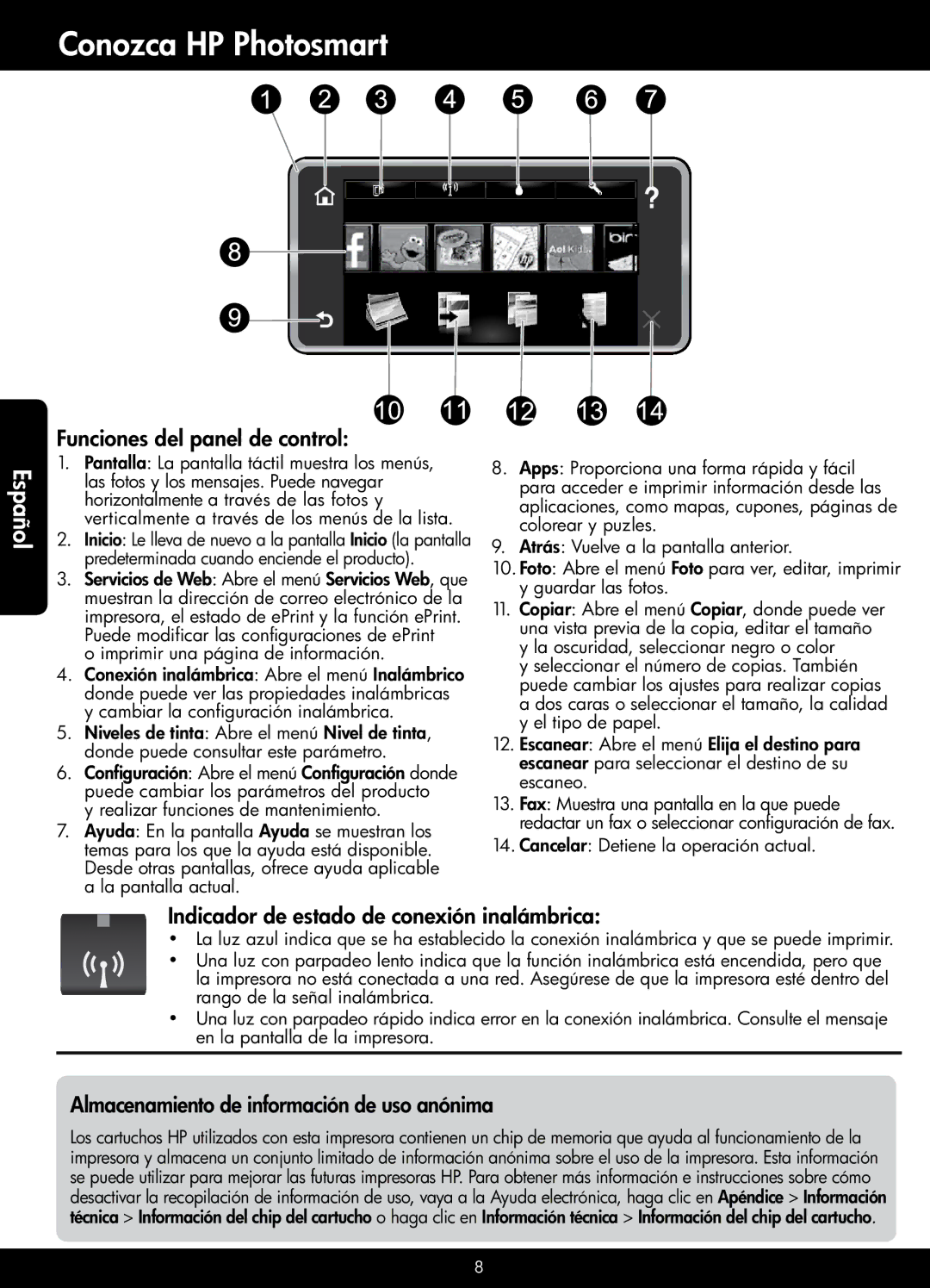 HP 7525, 7520 manual Conozca HP Photosmart, Funciones del panel de control, Indicador de estado de conexión inalámbrica 