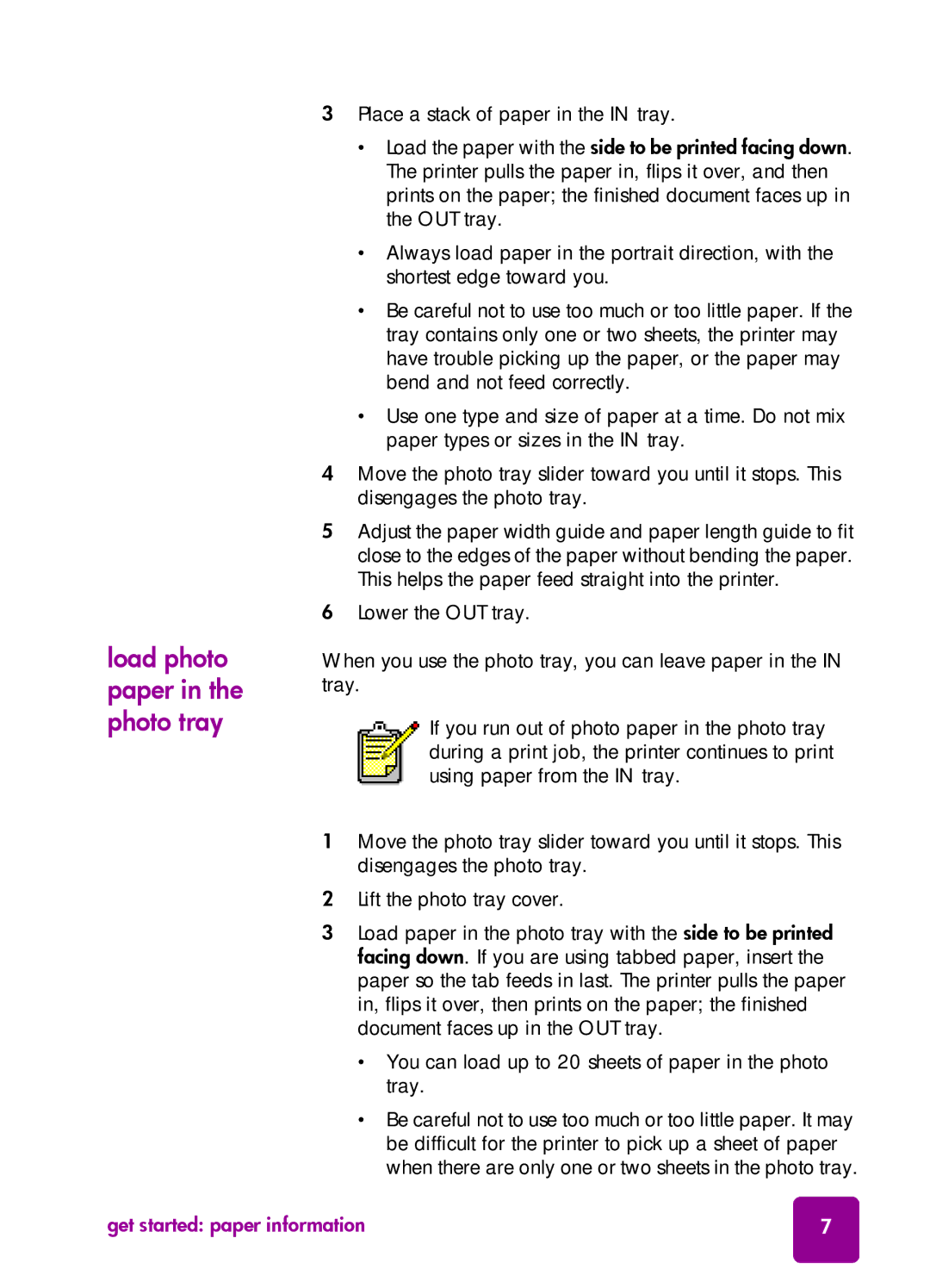 HP 7550 manual Load photo paper in the photo tray, Get started paper information 