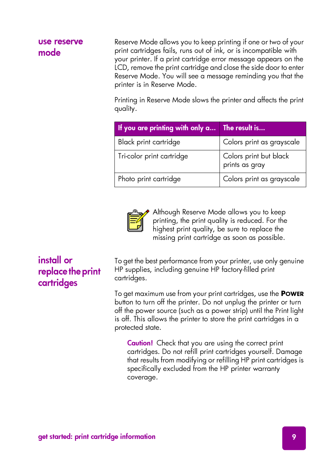 HP 7550 manual Use reserve mode, Install or replace the print cartridges, Get started print cartridge information 