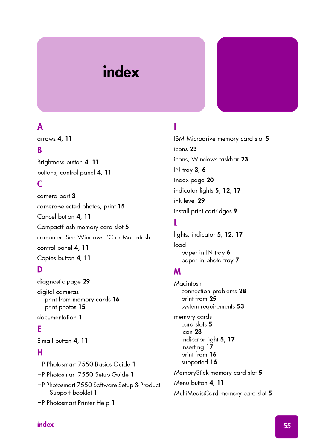 HP 7550 manual Index 