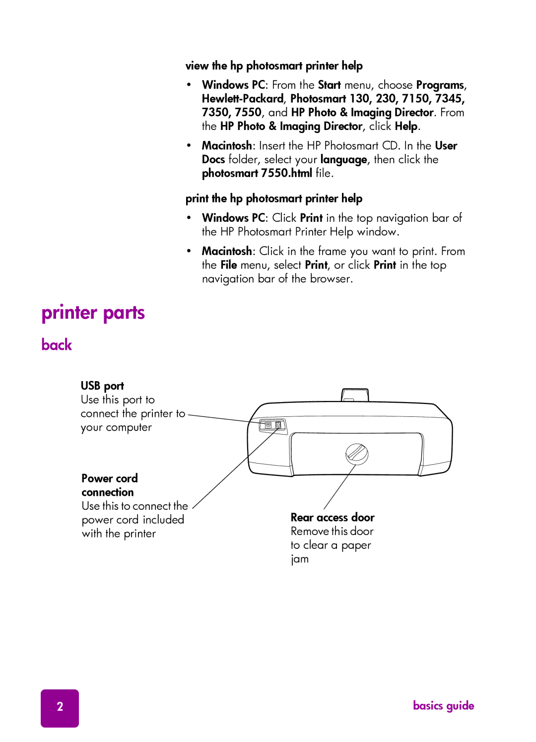 HP 7550 manual Printer parts, Back 