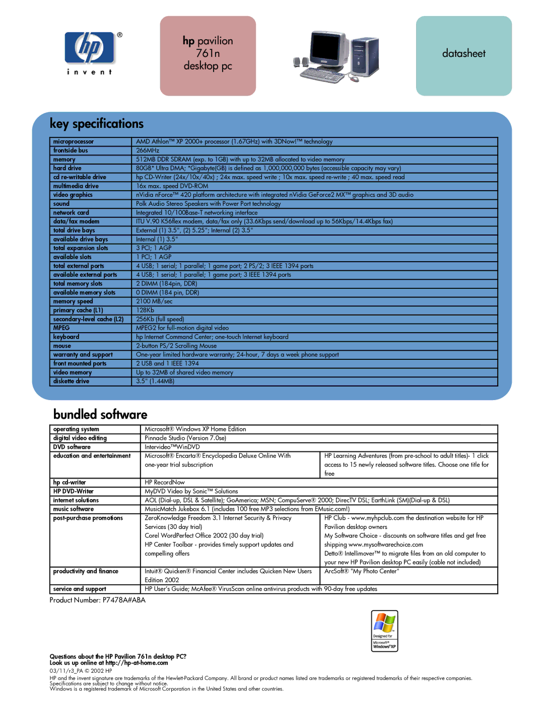 HP 761n manual Key specifications, Bundled software, Product Number P7478A#ABA, PCI 1 AGP, Mpeg 