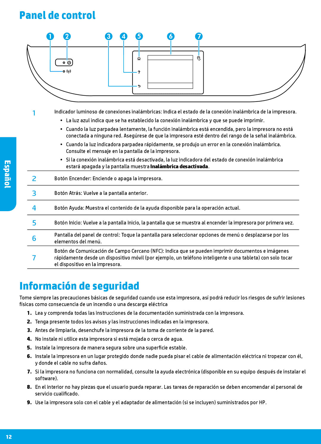 HP 7640, 7645 manual Panel de control, Información de seguridad 