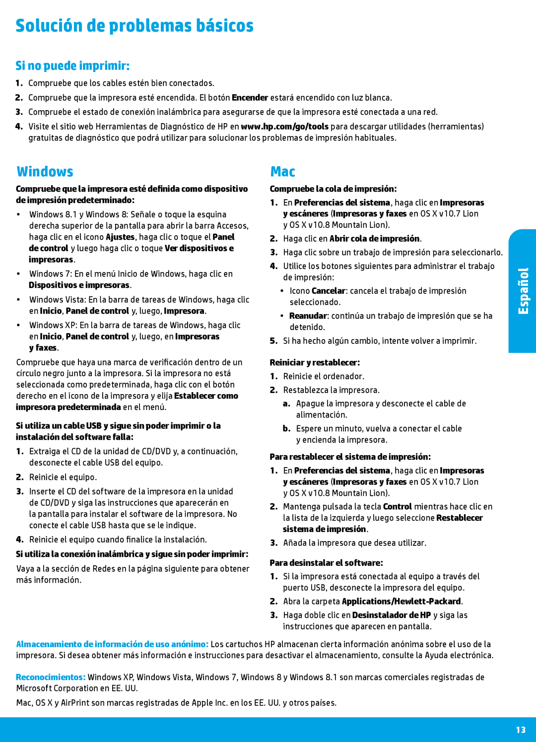 HP 7645, 7640 manual Solución de problemas básicos, Si no puede imprimir 