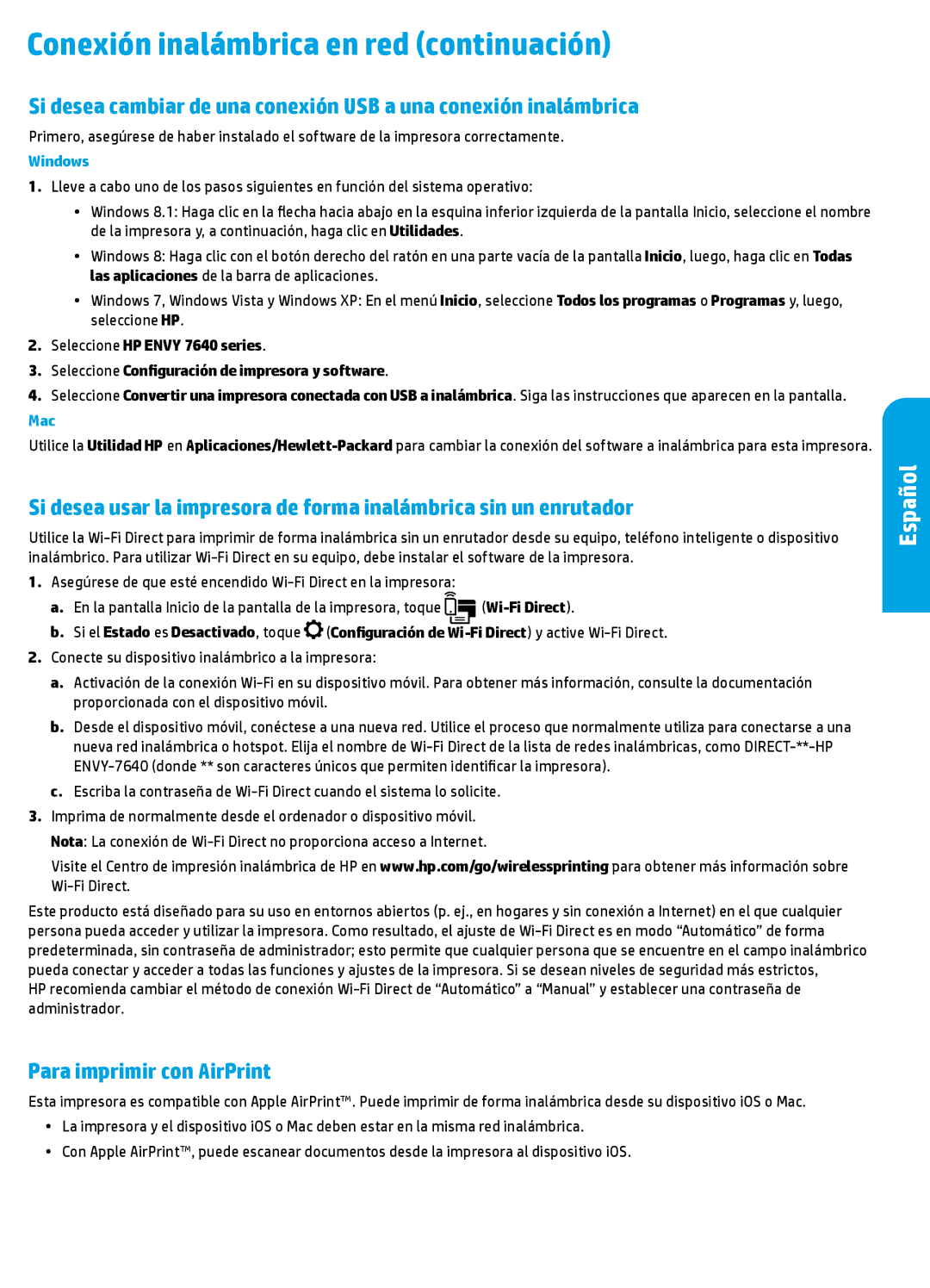 HP 7645, 7640 manual Conexión inalámbrica en red continuación, Para imprimir con AirPrint 