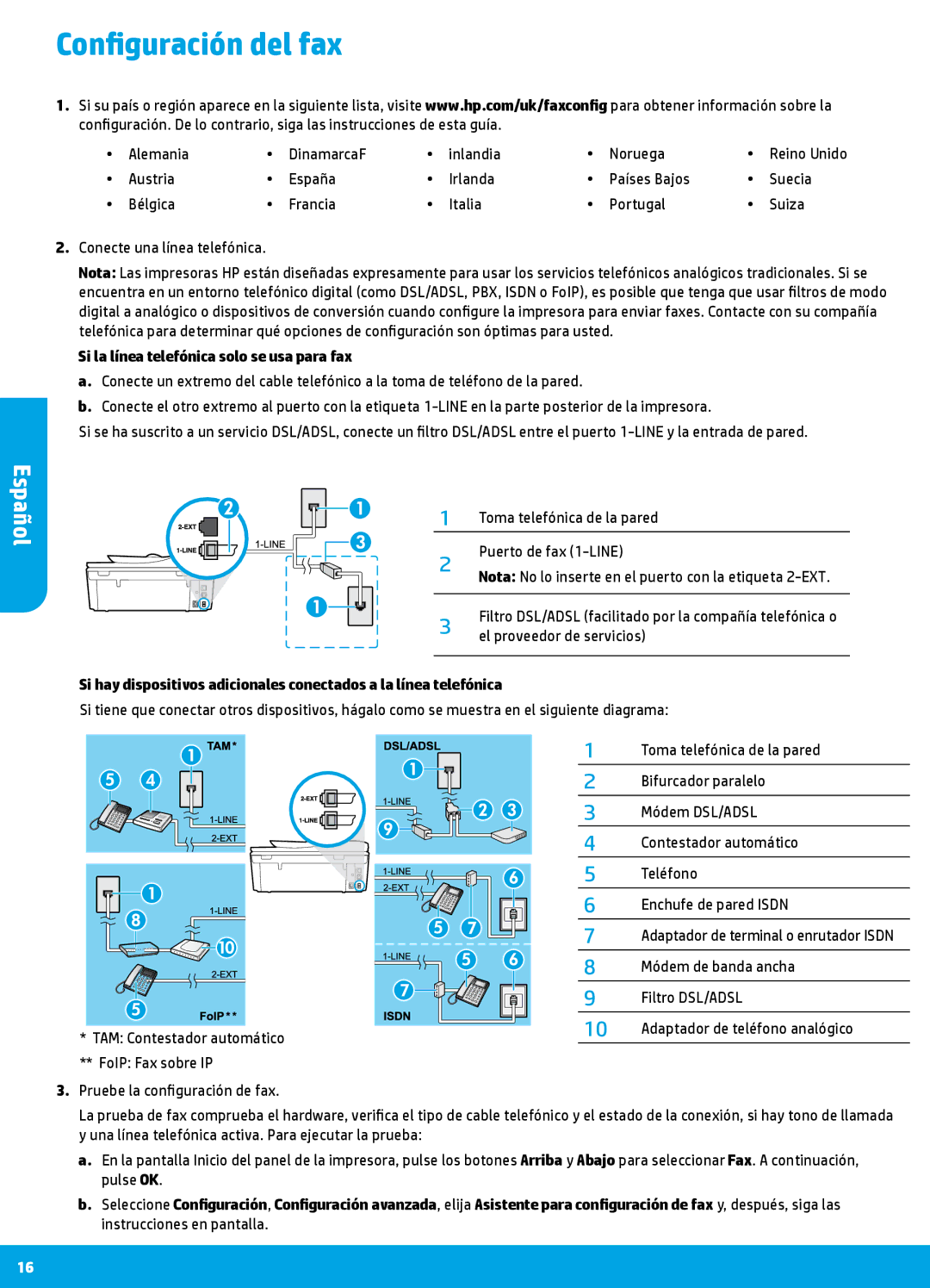 HP 7640, 7645 Configuración del fax, Alemania DinamarcaF Inlandia Noruega, Si la línea telefónica solo se usa para fax 