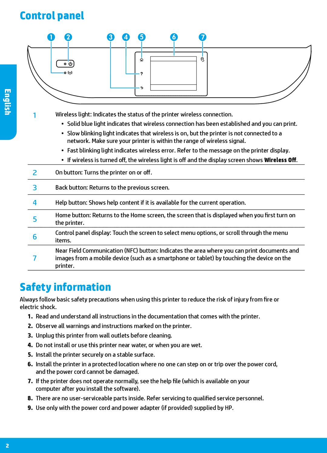 HP 7640, 7645 manual Control panel, Safety information 