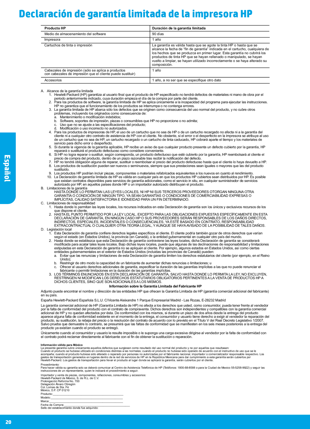 HP 7640, 7645 manual Declaración de garantía limitada de la impresora HP, Producto HP Duración de la garantía limitada 