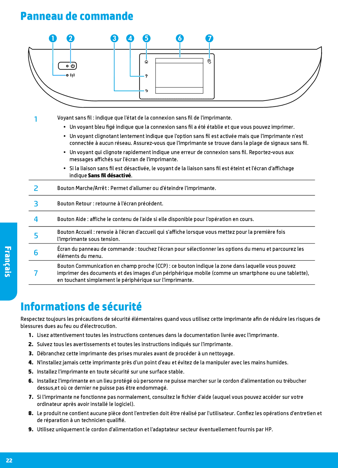HP 7640, 7645 manual Panneau de commande, Informations de sécurité 