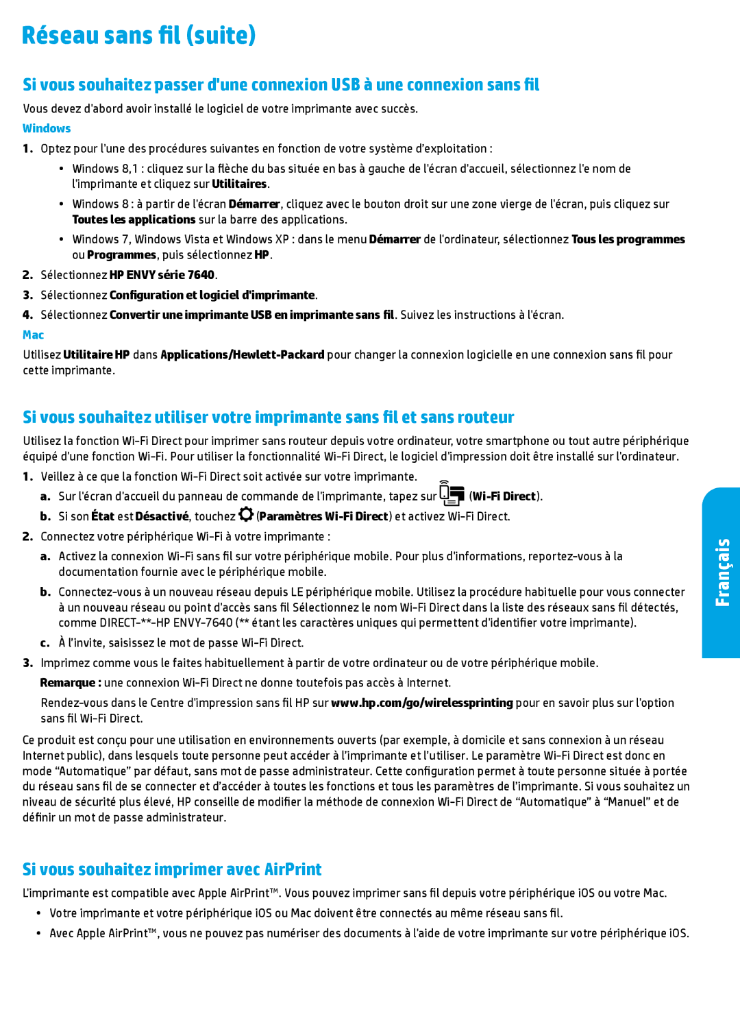 HP 7645, 7640 manual Réseau sans fil suite, Si vous souhaitez imprimer avec AirPrint 