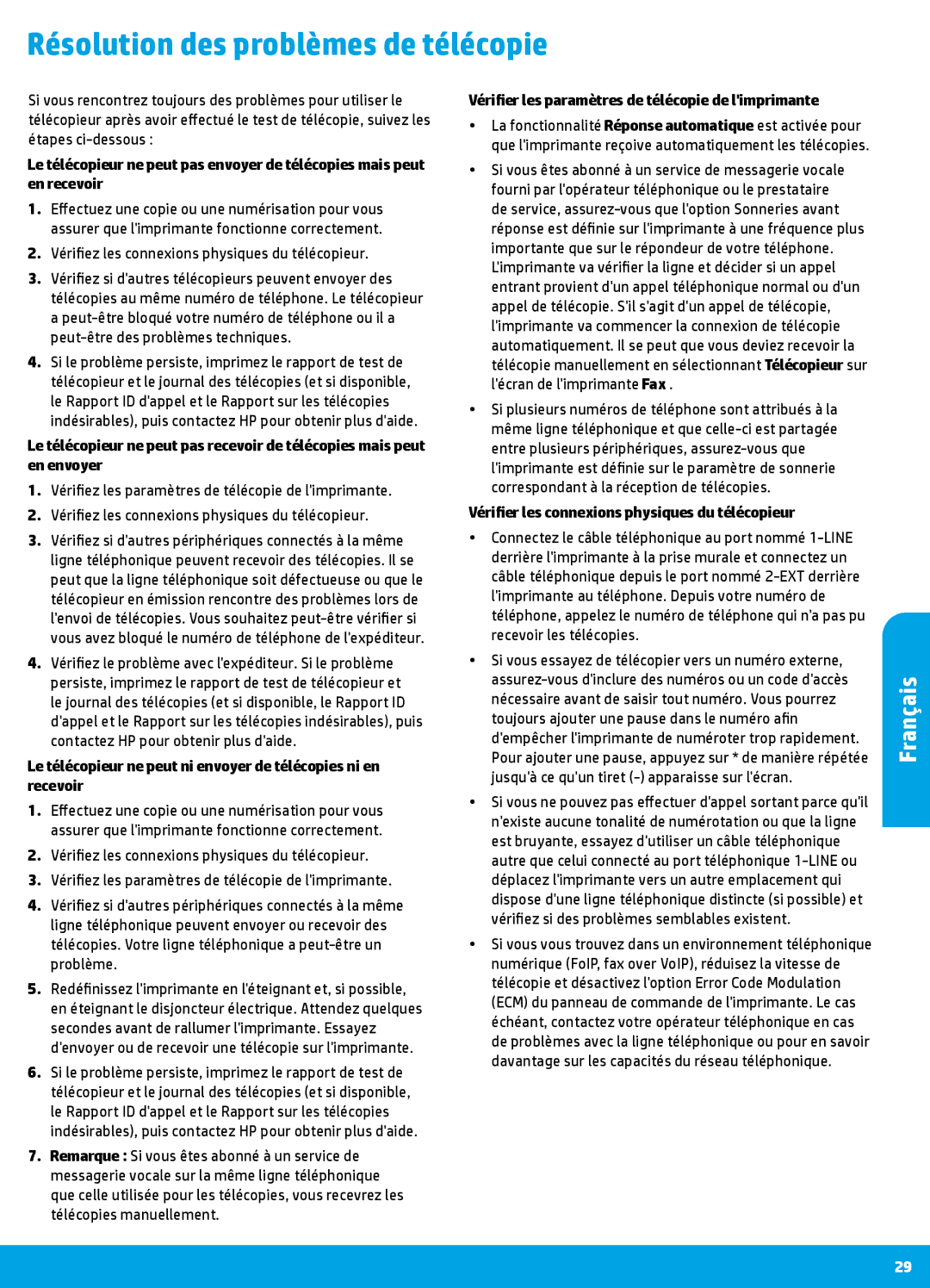 HP 7645, 7640 manual Résolution des problèmes de télécopie, Vérifiez les connexions physiques du télécopieur 