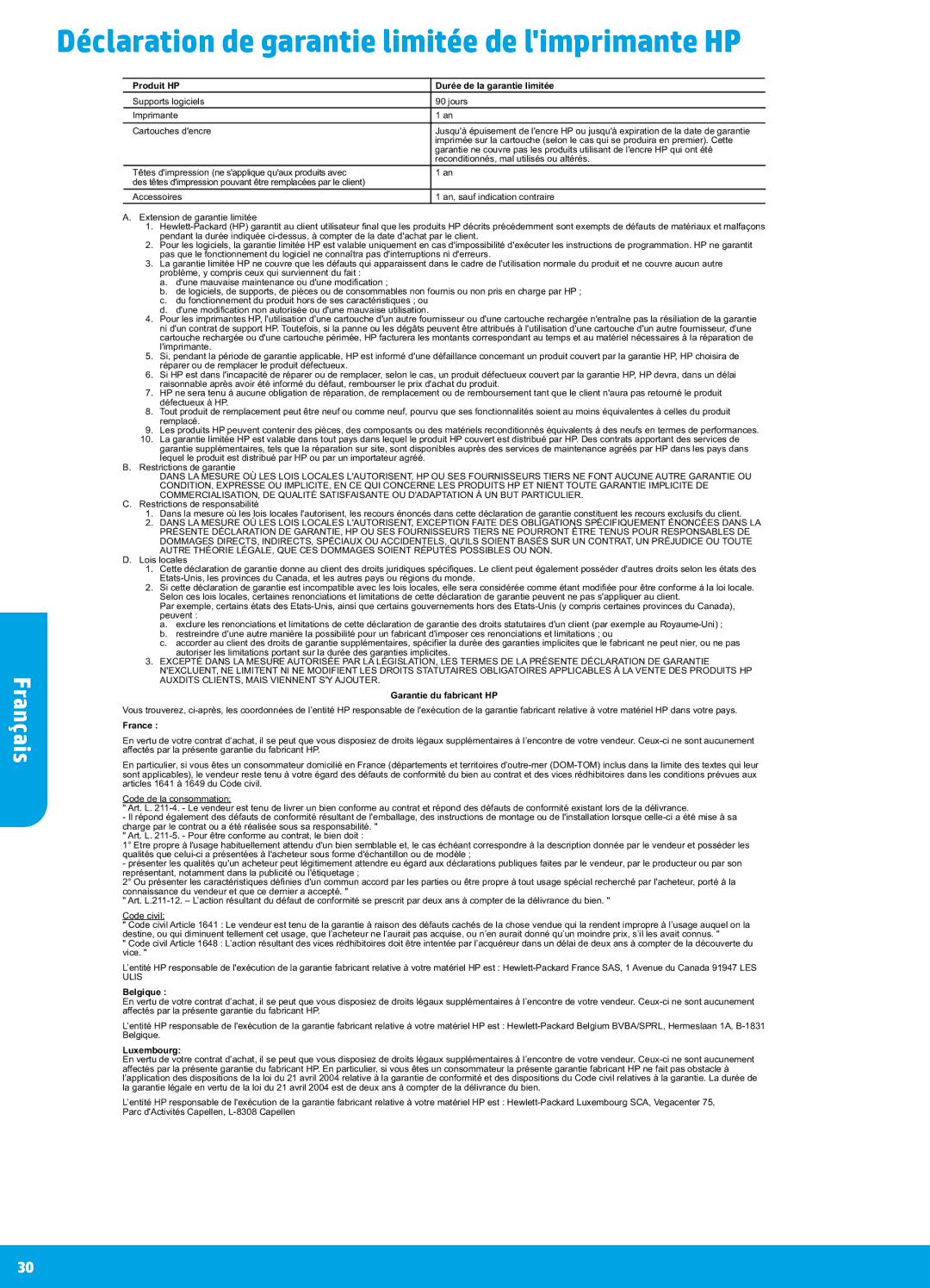 HP 7640, 7645 manual Déclaration de garantie limitée de limprimante HP, Produit HP Durée de la garantie limitée 