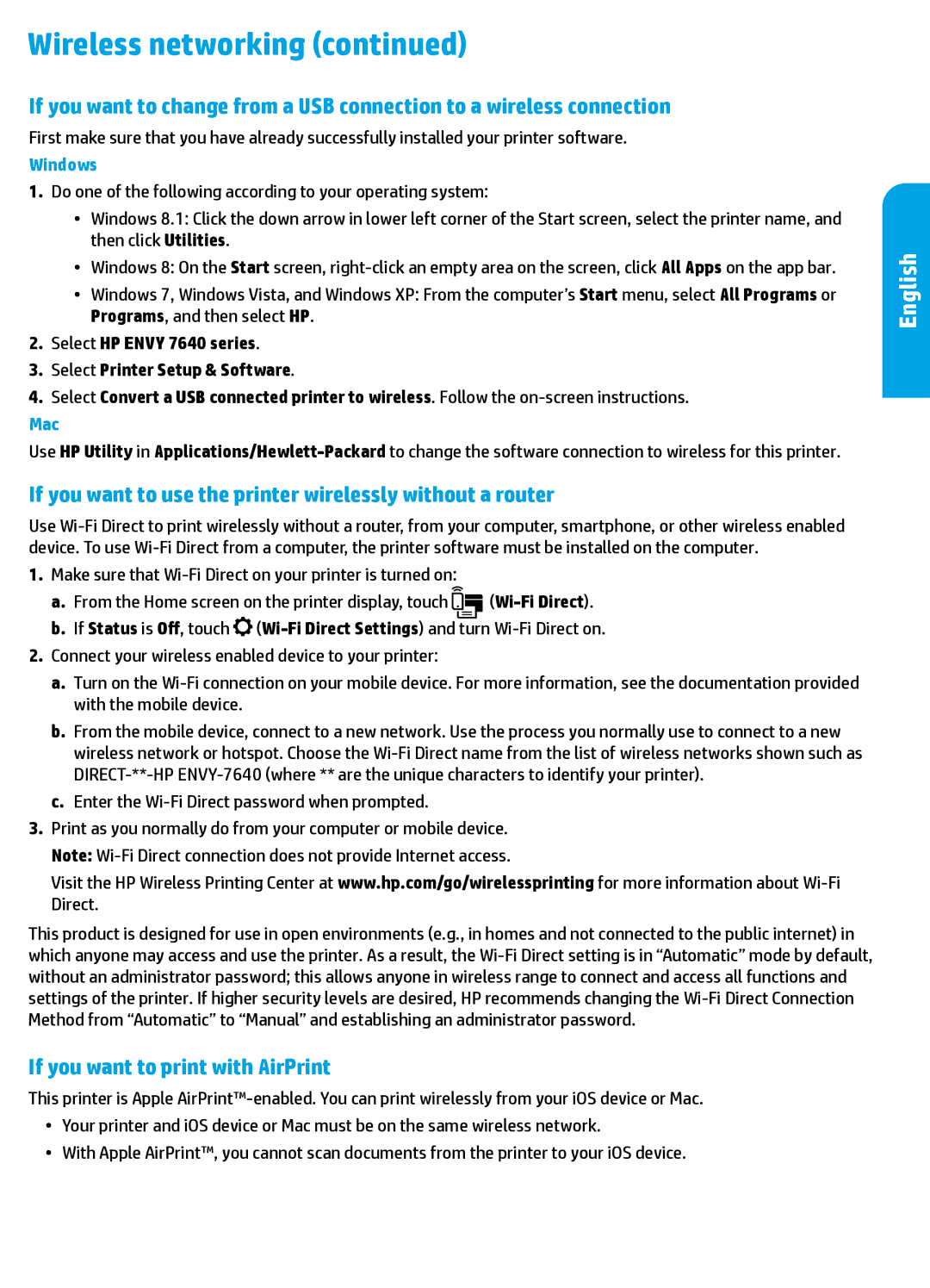 HP 7645, 7640 manual If you want to use the printer wirelessly without a router, If you want to print with AirPrint 