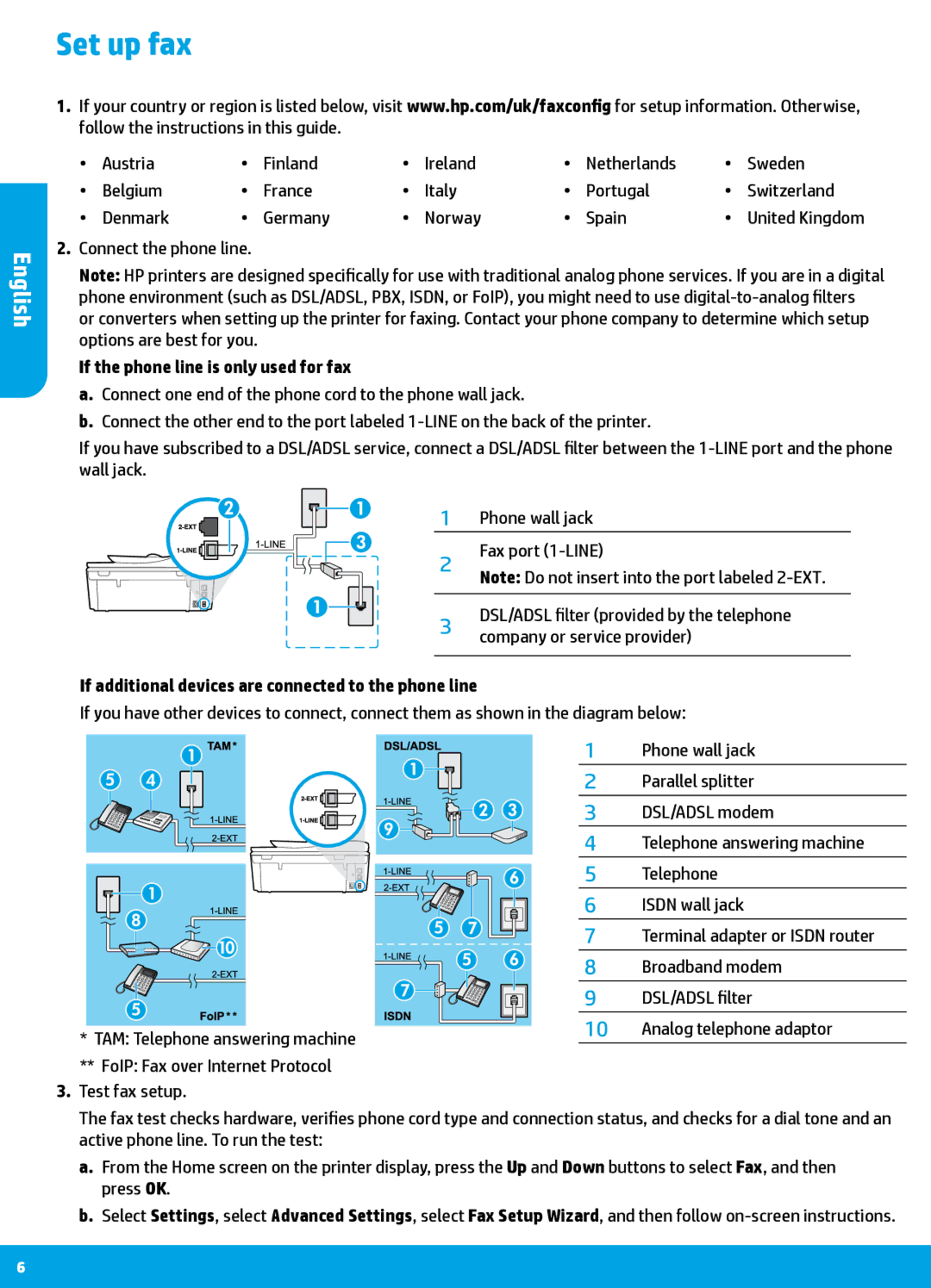 HP 7640, 7645 Set up fax, If the phone line is only used for fax, If additional devices are connected to the phone line 