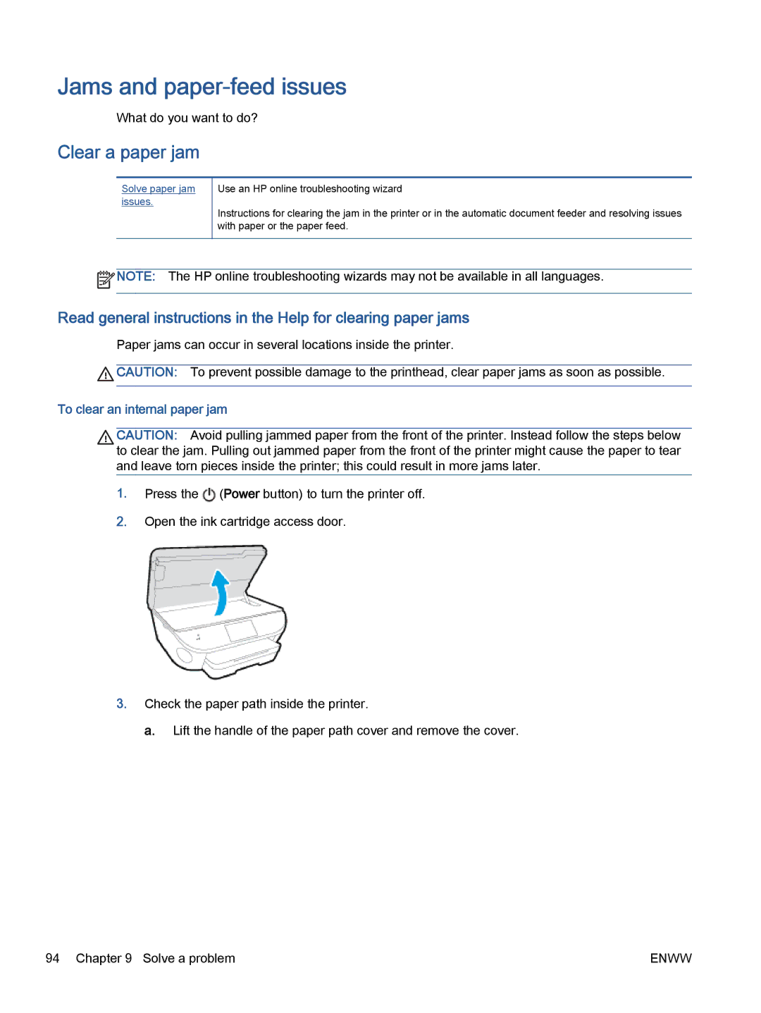 HP 7645 manual Jams and paper-feed issues, Clear a paper jam, To clear an internal paper jam 