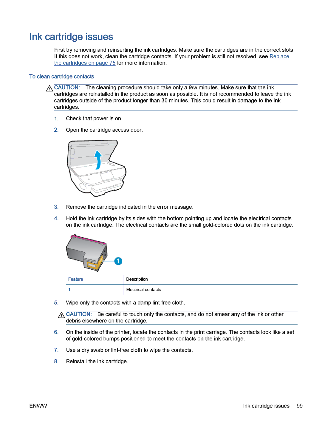 HP 7645 manual Ink cartridge issues, To clean cartridge contacts 