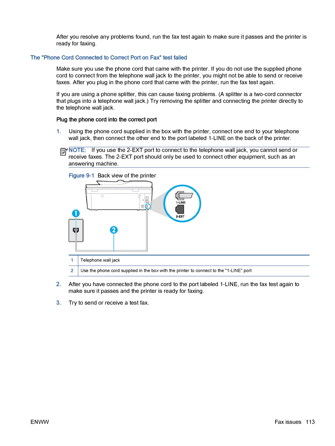 HP 7645 manual Phone Cord Connected to Correct Port on Fax test failed, Plug the phone cord into the correct port 