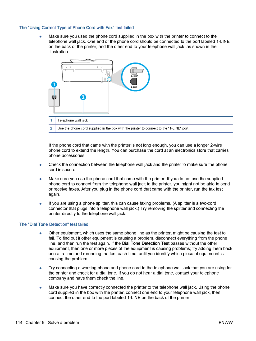 HP 7645 manual Using Correct Type of Phone Cord with Fax test failed, Dial Tone Detection test failed 