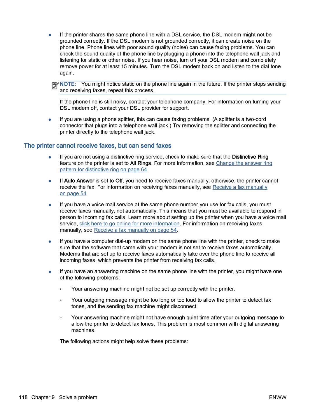 HP 7645 manual Printer cannot receive faxes, but can send faxes 