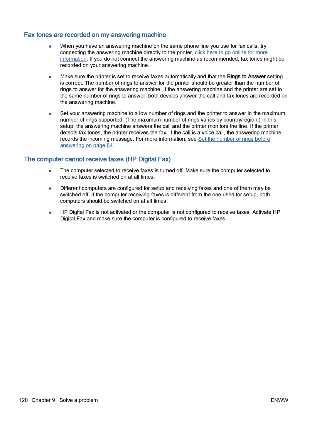 HP 7645 manual Fax tones are recorded on my answering machine, Computer cannot receive faxes HP Digital Fax 