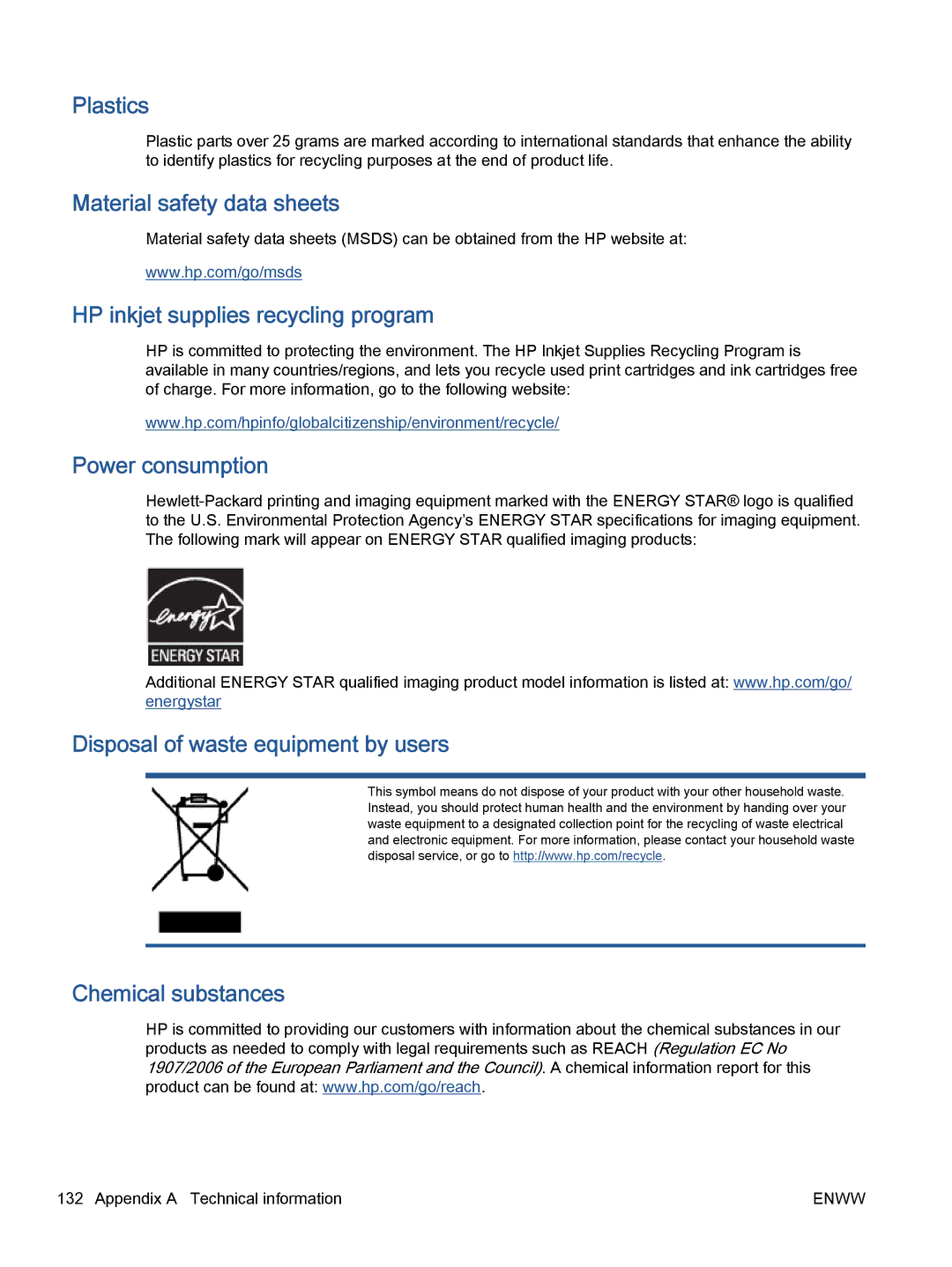 HP 7645 manual Plastics, Material safety data sheets, HP inkjet supplies recycling program, Power consumption 