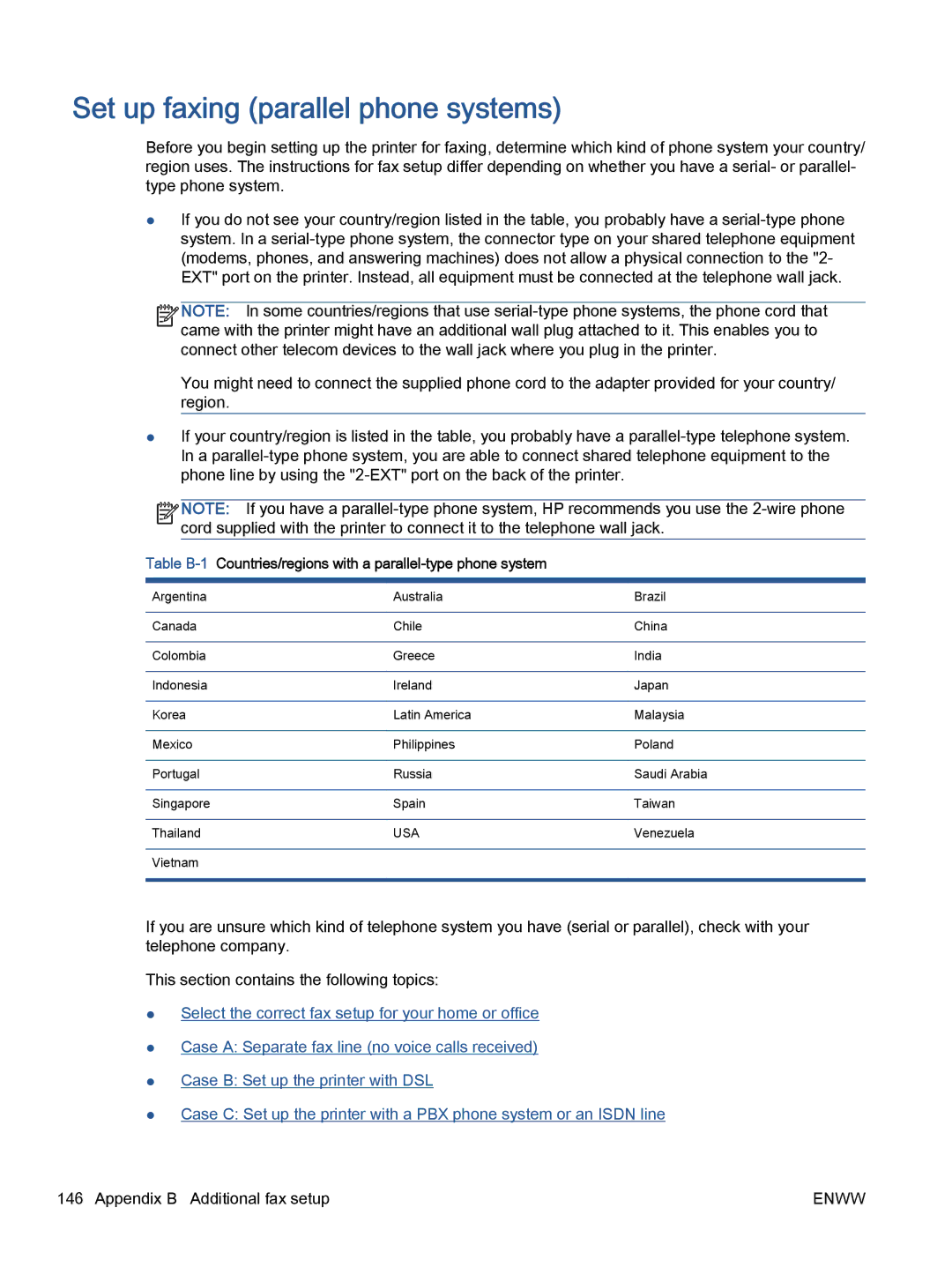 HP 7645 manual Set up faxing parallel phone systems, Countries/regions with a parallel-type phone system 