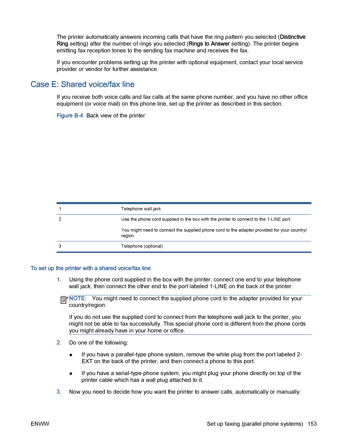 HP 7645 manual Case E Shared voice/fax line, To set up the printer with a shared voice/fax line 