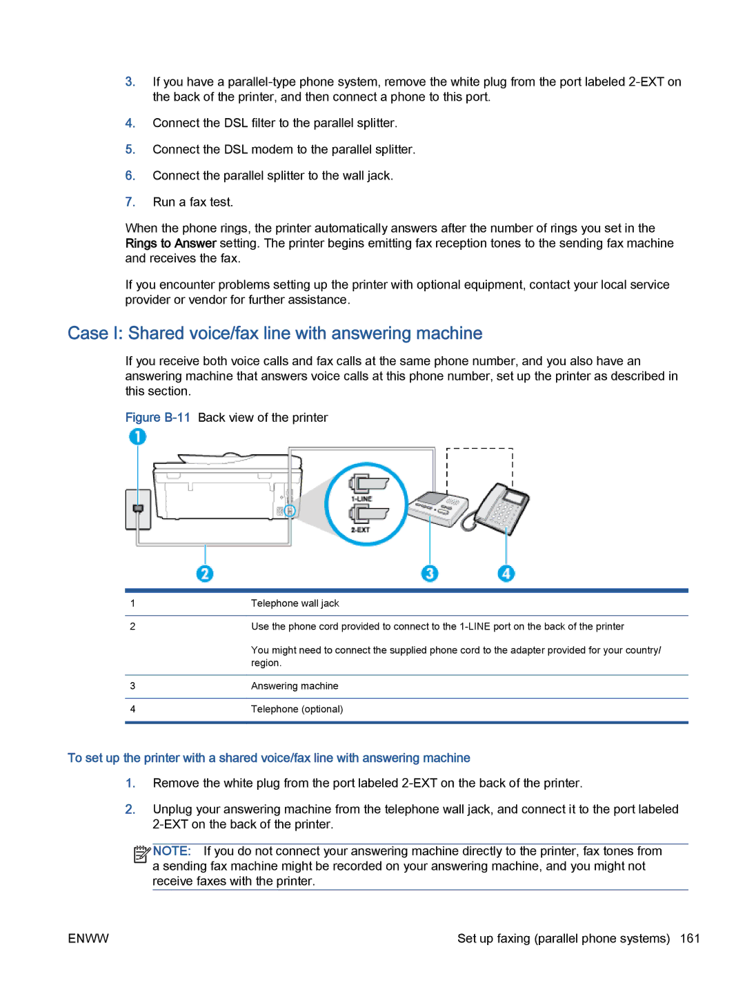 HP 7645 manual Case I Shared voice/fax line with answering machine, Figure B-11Back view of the printer 