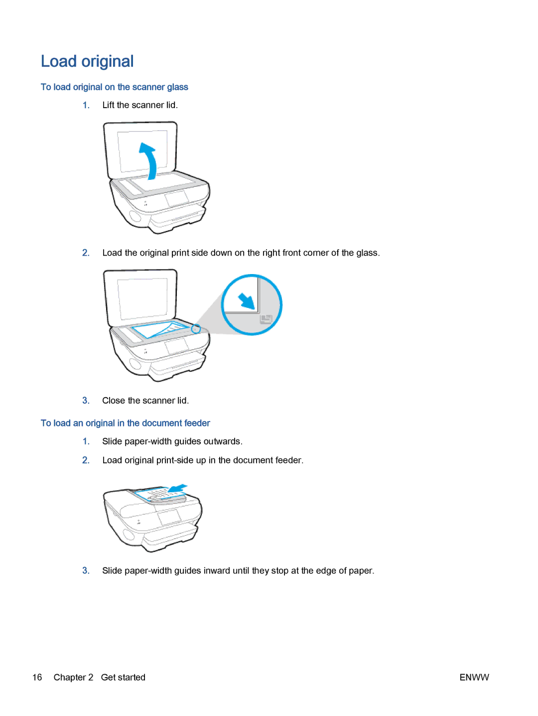 HP 7645 manual Load original, To load original on the scanner glass, To load an original in the document feeder 