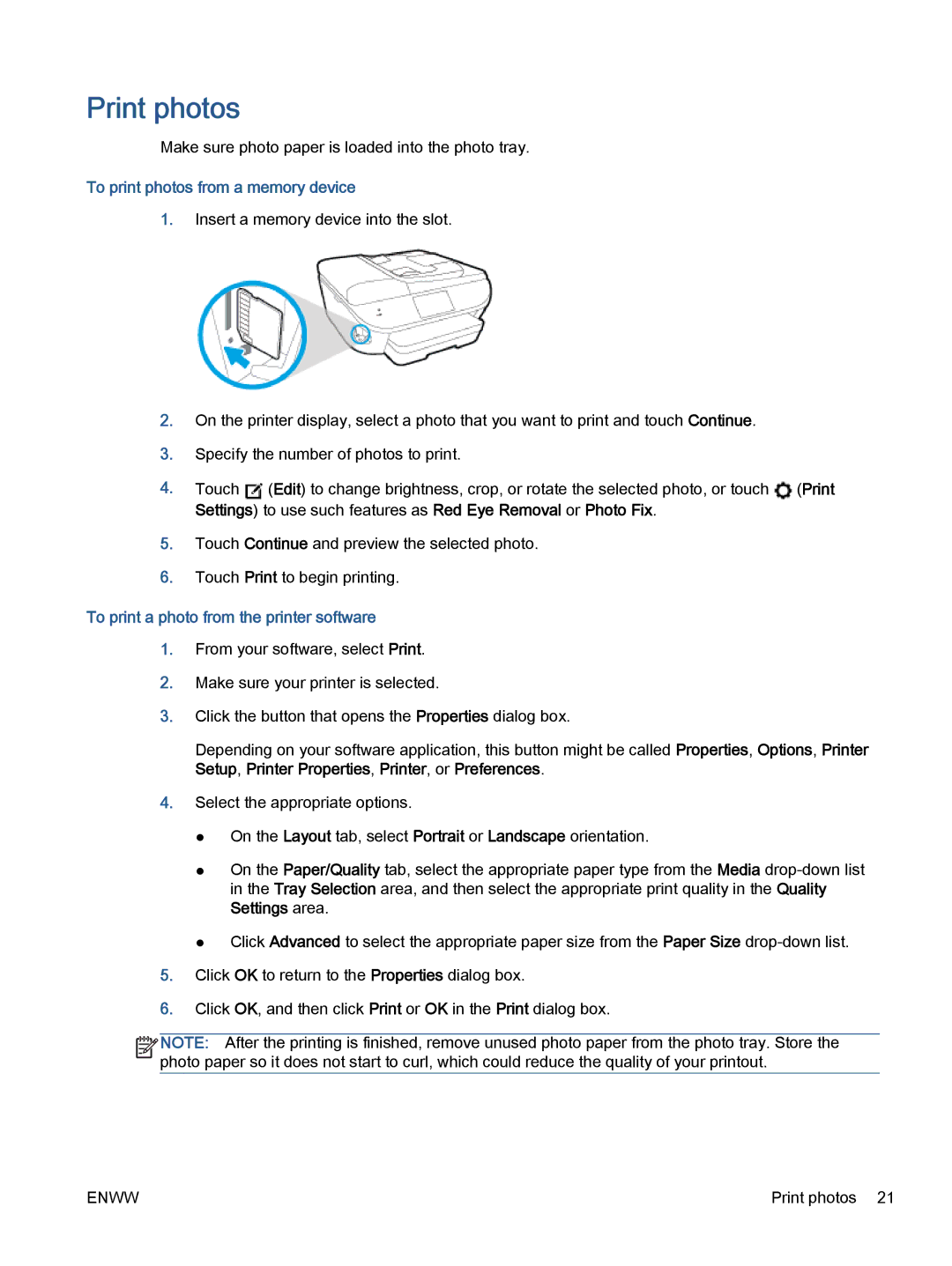 HP 7645 manual Print photos, To print photos from a memory device, To print a photo from the printer software 