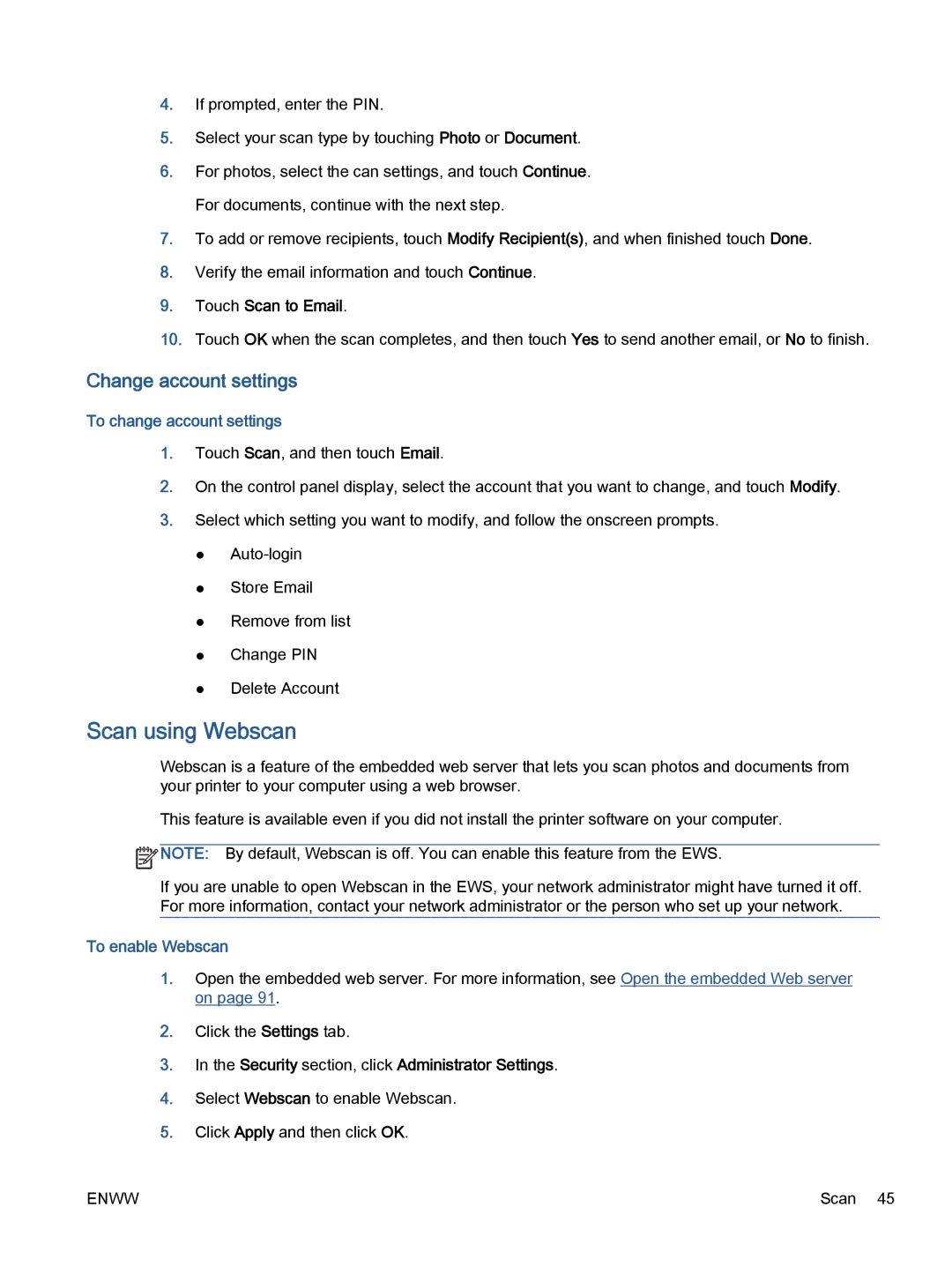 HP 7645 manual Scan using Webscan, Change account settings, To change account settings, To enable Webscan 