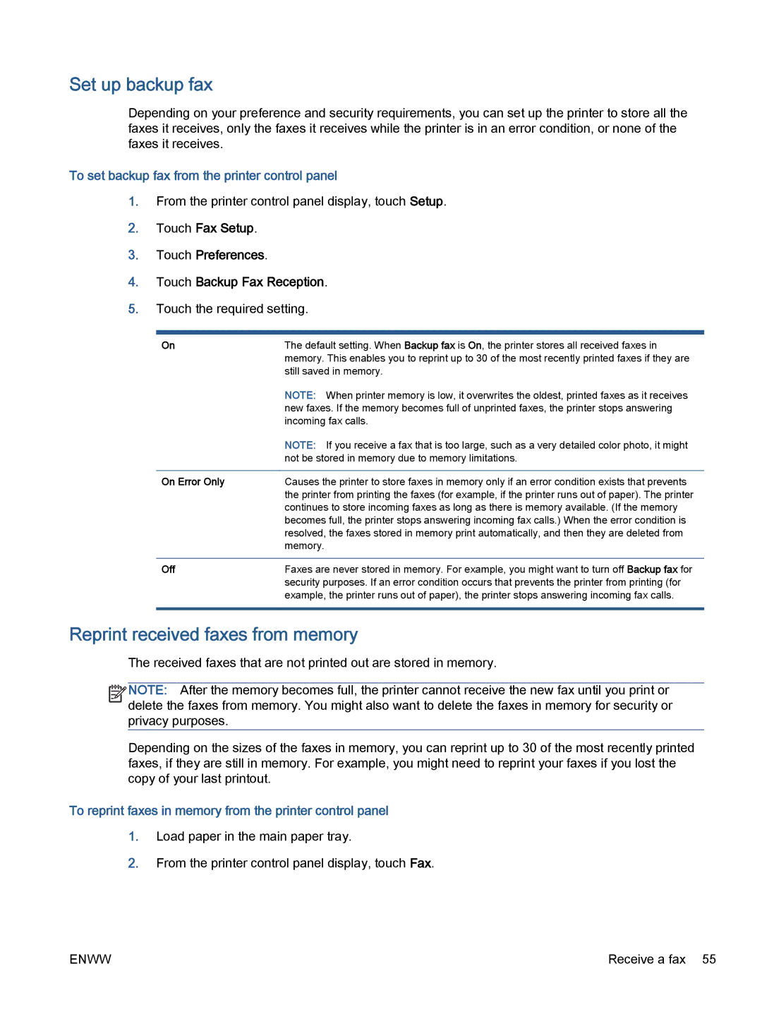 HP 7645 manual Set up backup fax, Reprint received faxes from memory, To set backup fax from the printer control panel 