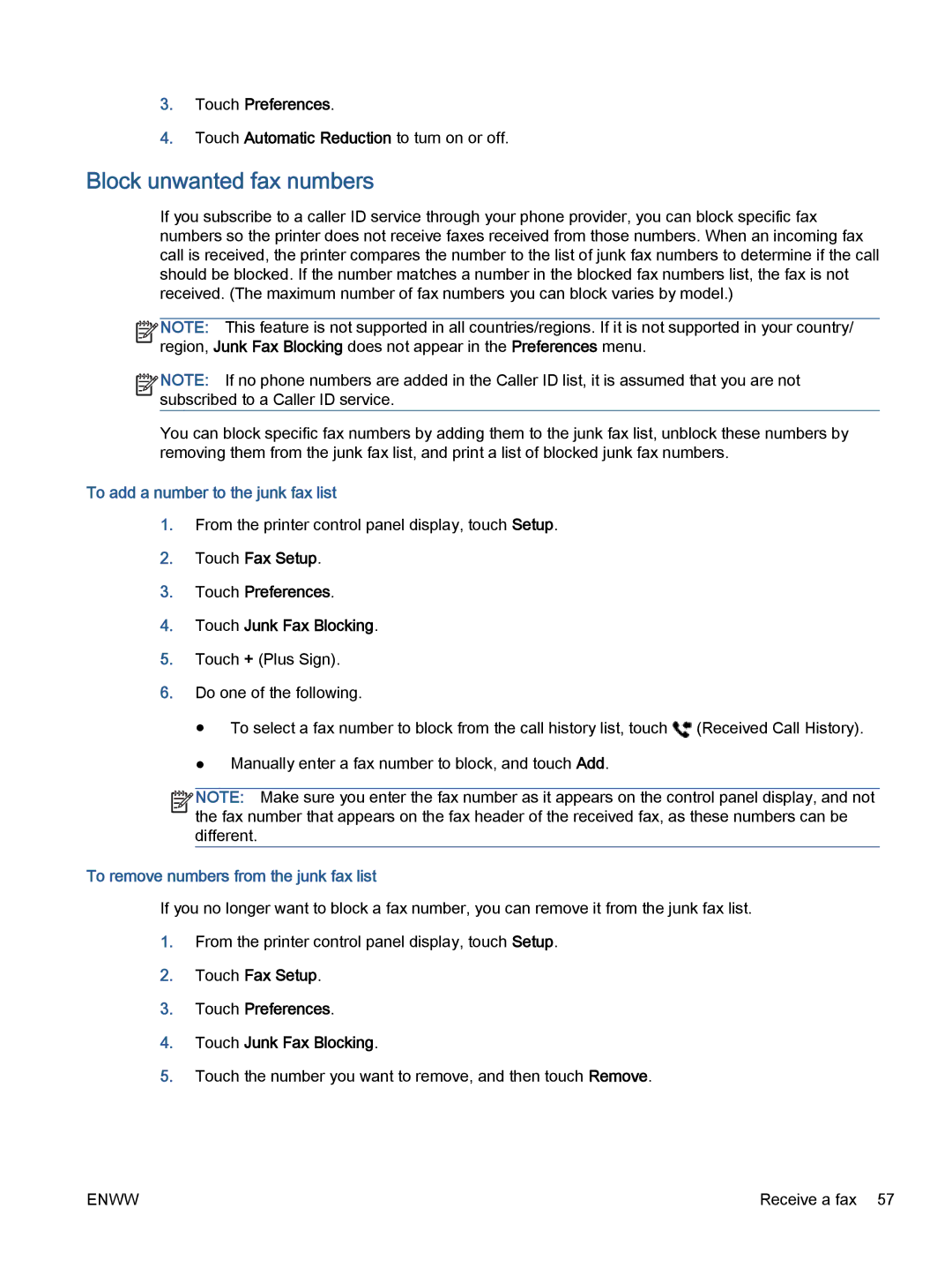 HP 7645 manual Block unwanted fax numbers, To add a number to the junk fax list, To remove numbers from the junk fax list 