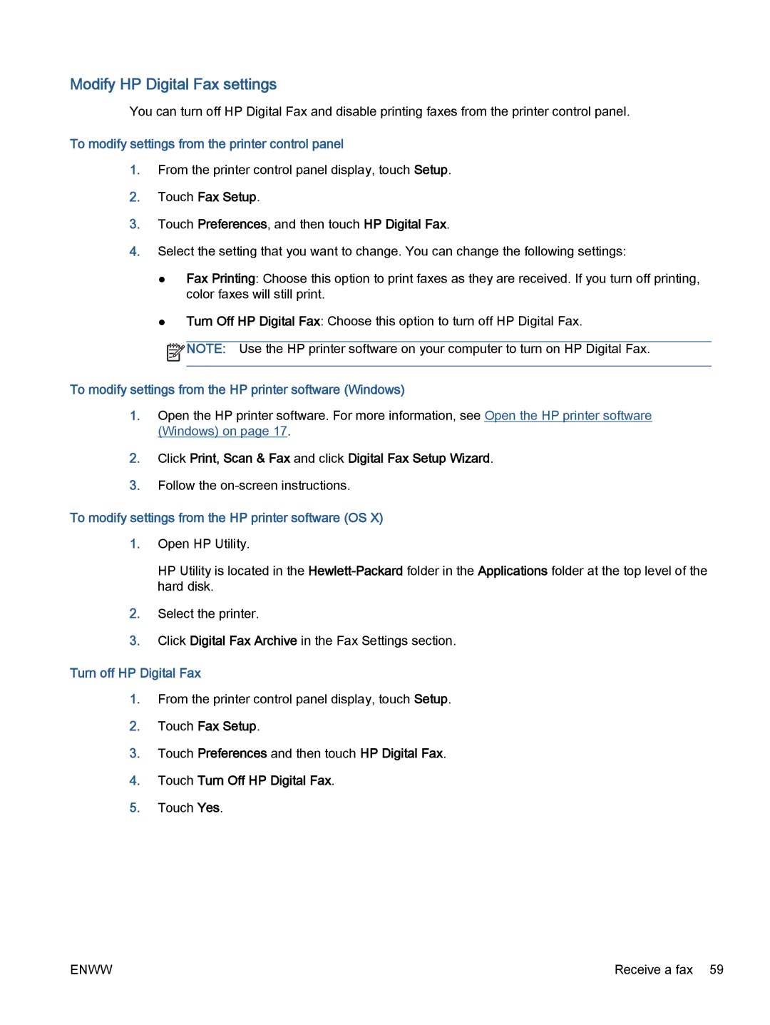 HP 7645 manual Modify HP Digital Fax settings, To modify settings from the printer control panel, Turn off HP Digital Fax 