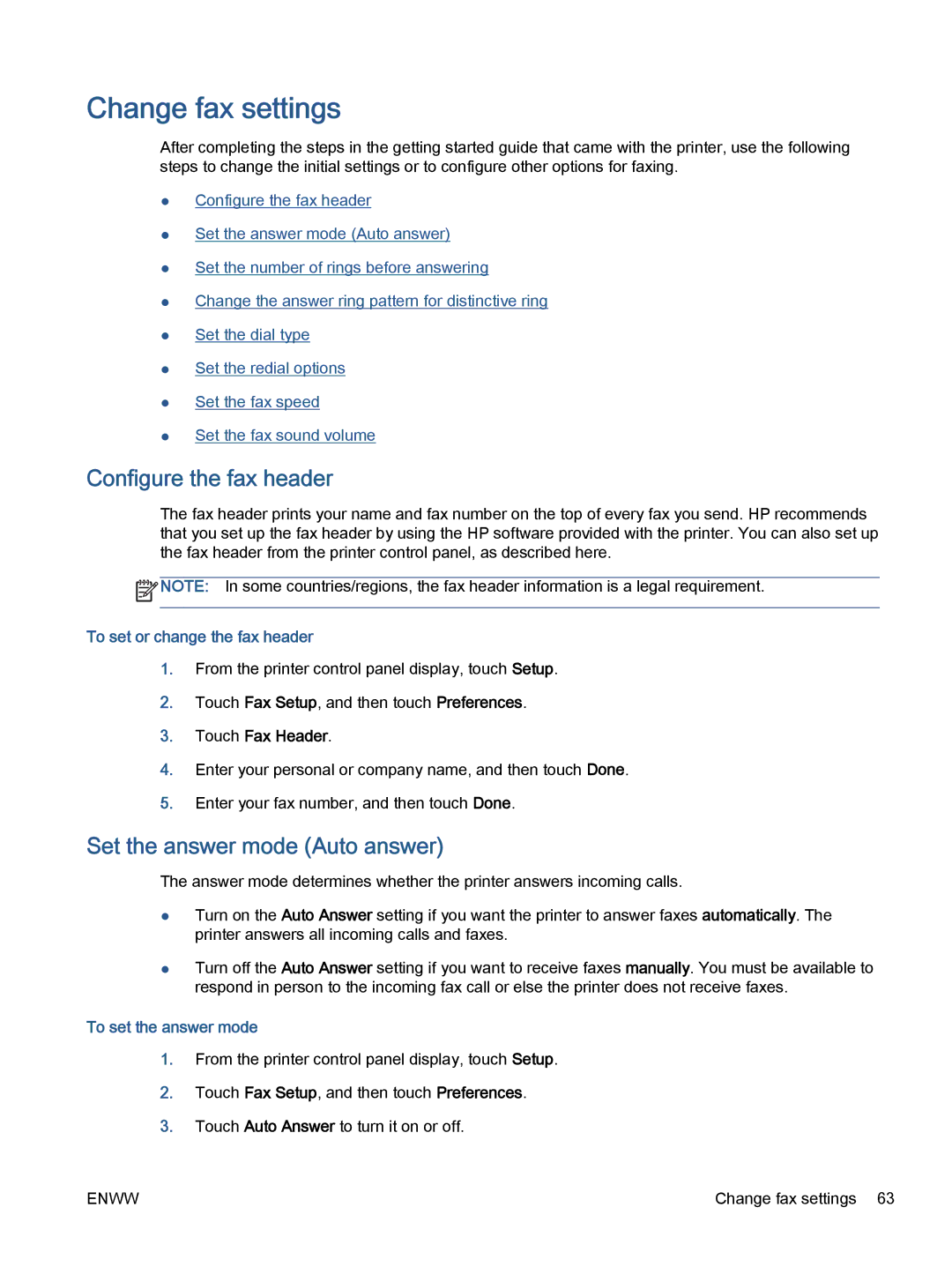 HP 7645 Change fax settings, Configure the fax header, Set the answer mode Auto answer, To set or change the fax header 