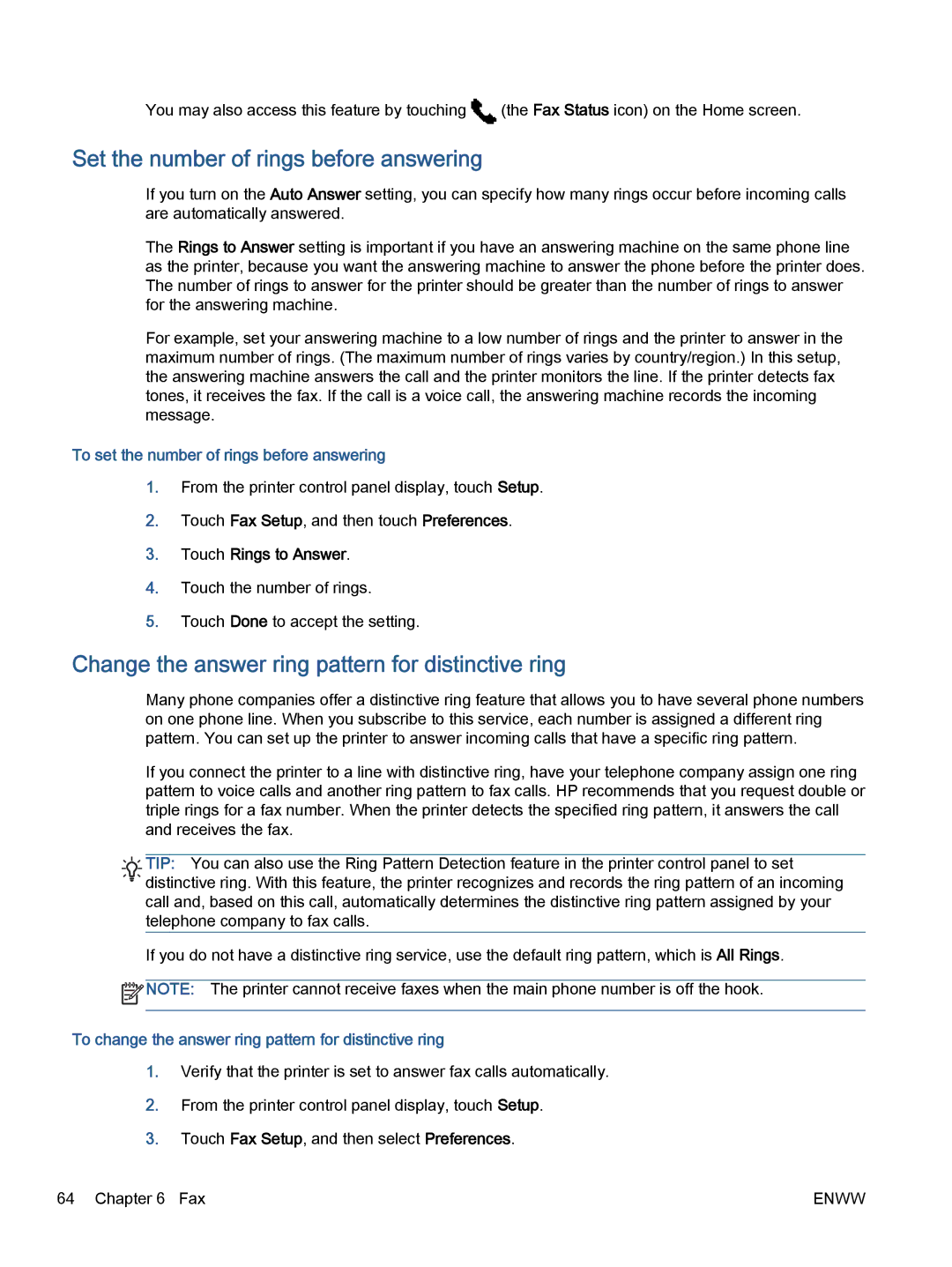 HP 7645 manual Set the number of rings before answering, Change the answer ring pattern for distinctive ring 