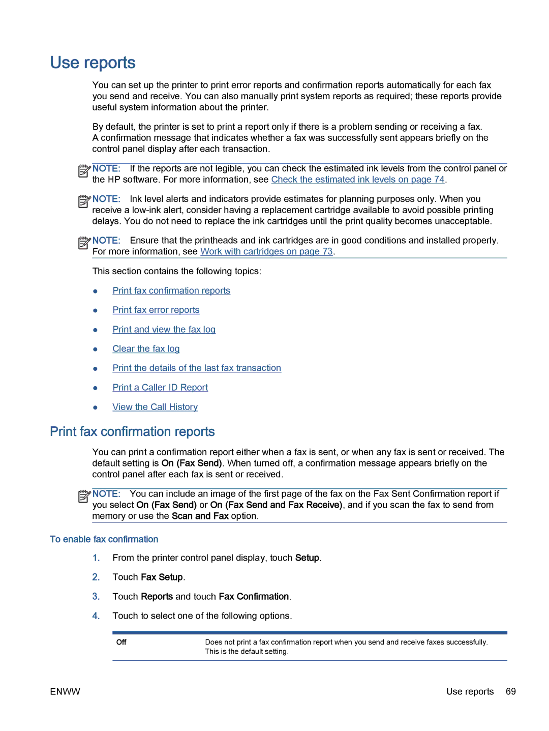 HP 7645 manual Use reports, Print fax confirmation reports, To enable fax confirmation 