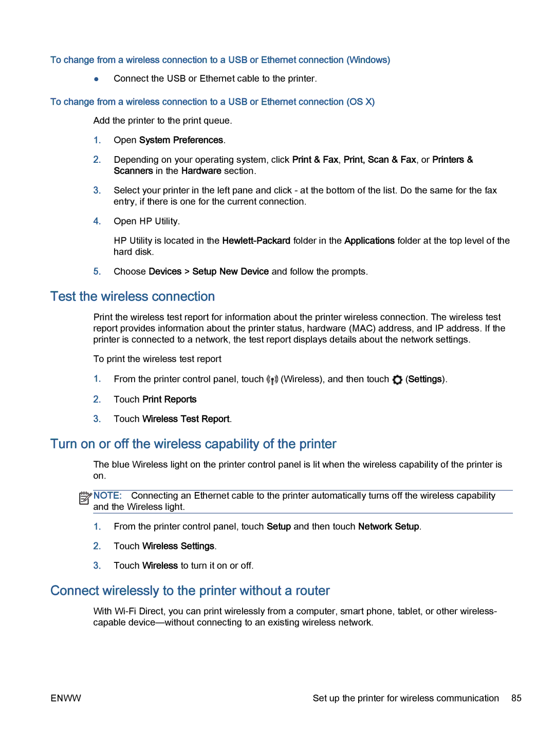 HP 7645 manual Test the wireless connection, Turn on or off the wireless capability of the printer, Touch Wireless Settings 