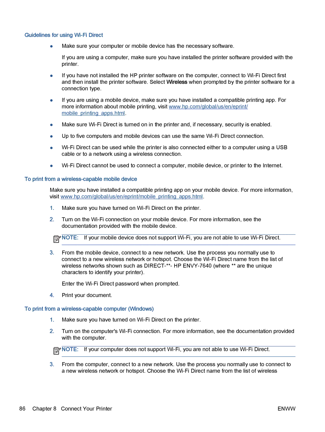 HP 7645 manual Guidelines for using Wi-Fi Direct, To print from a wireless-capable mobile device 