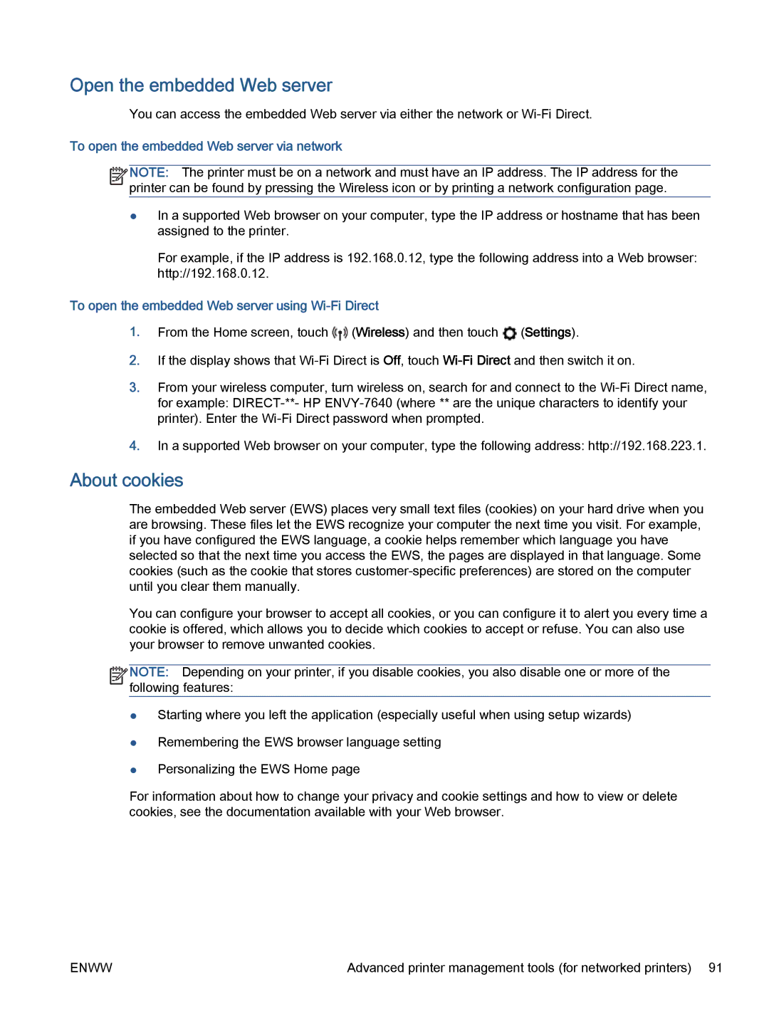 HP 7645 manual Open the embedded Web server, About cookies, To open the embedded Web server via network 