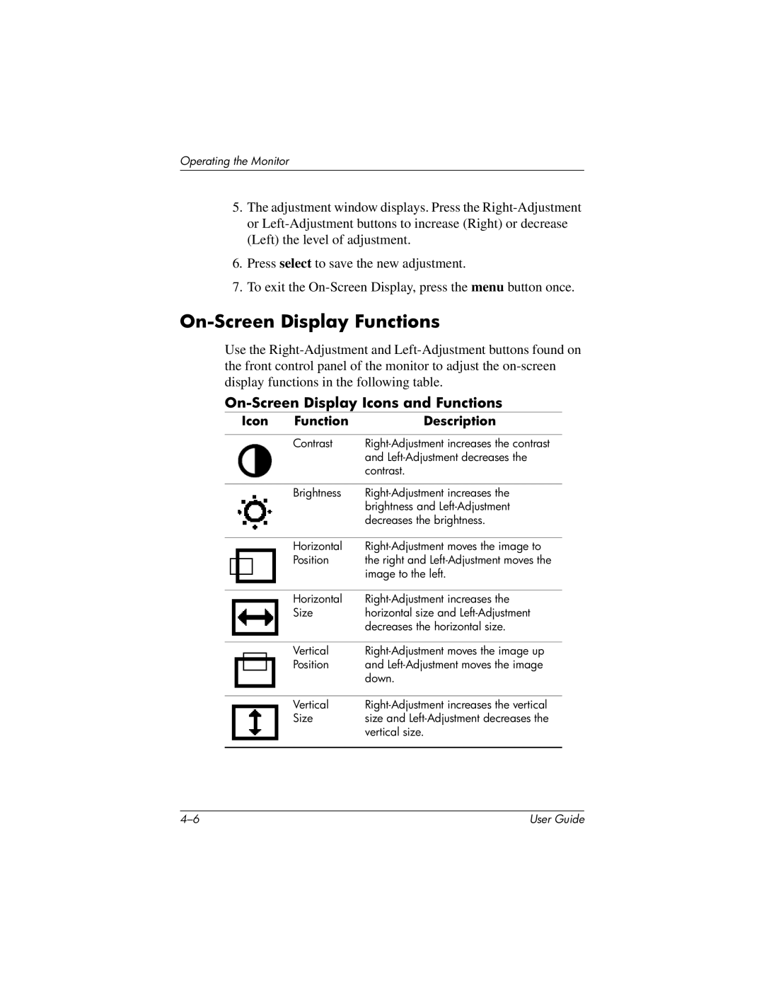 HP 7650, 7540 manual On-Screen Display Functions, On-Screen Display Icons and Functions 