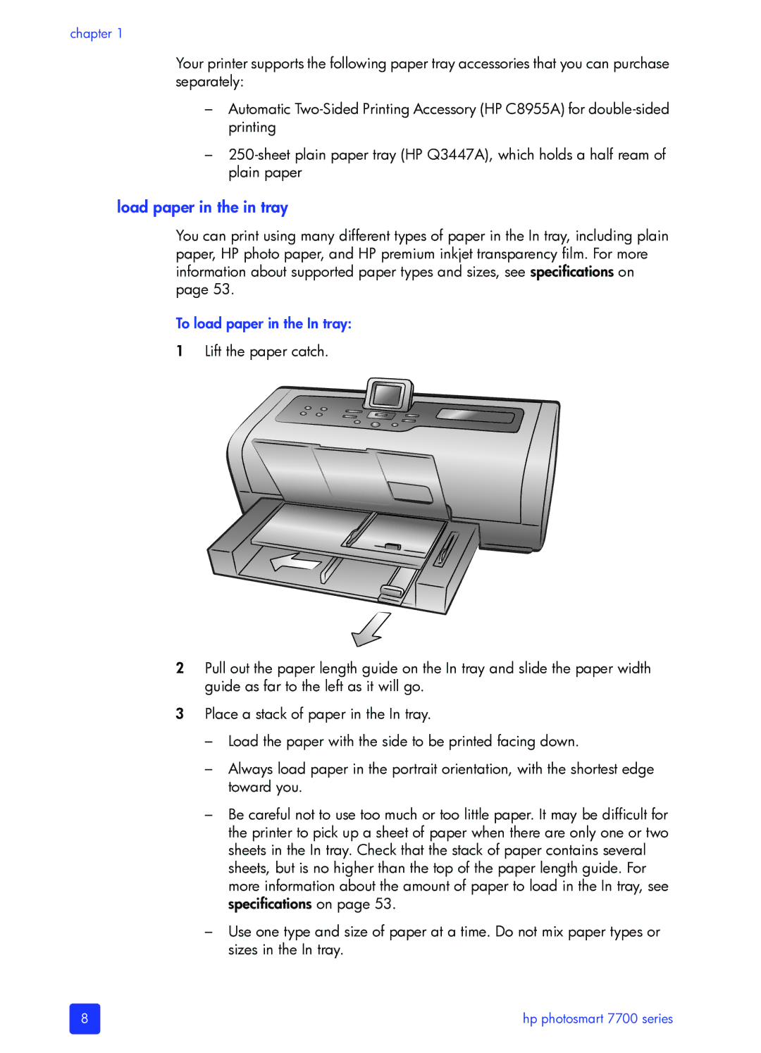 HP 7700 manual Load paper in the in tray, To load paper in the In tray 