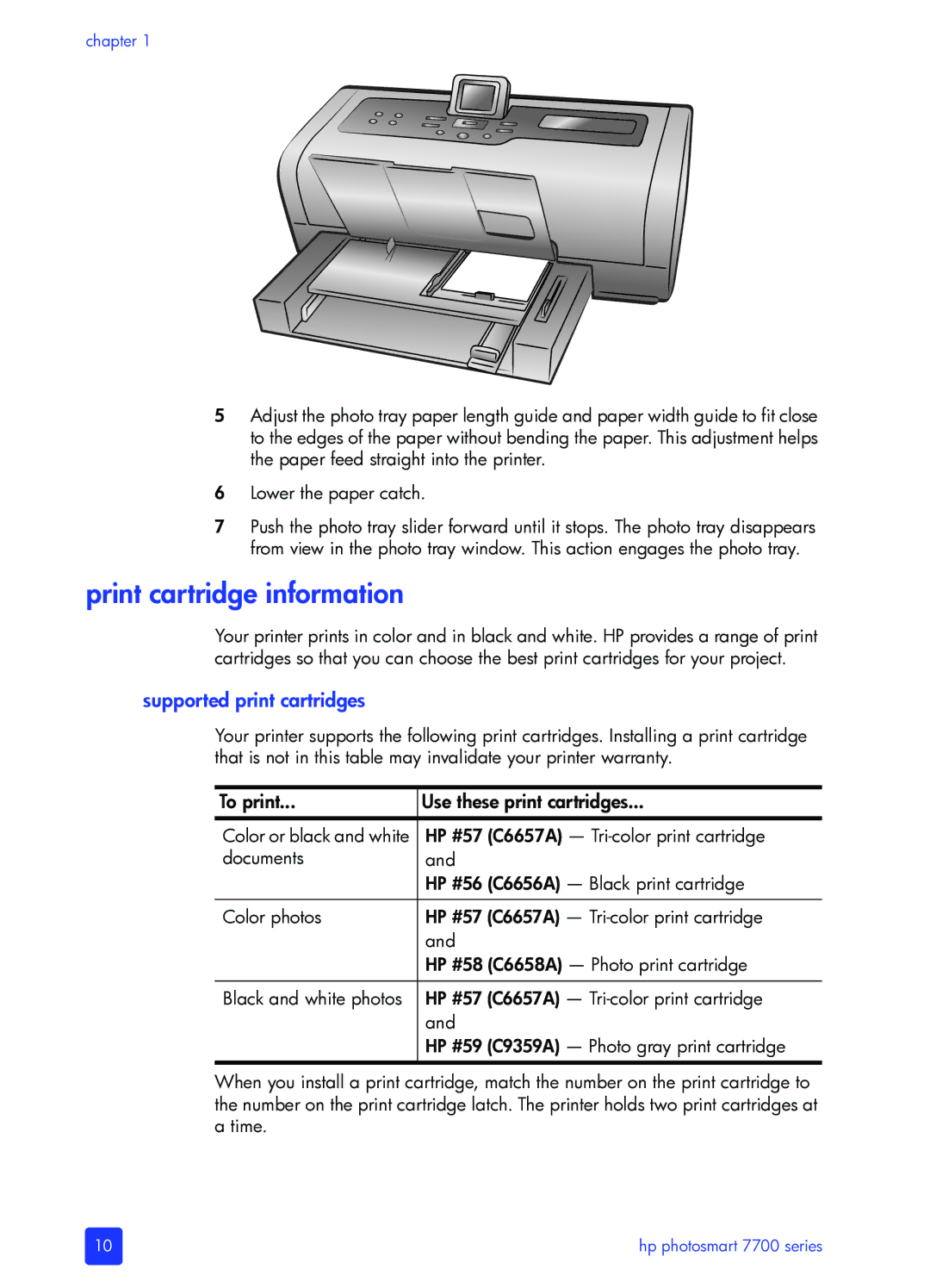 HP 7700 manual Print cartridge information, Supported print cartridges 