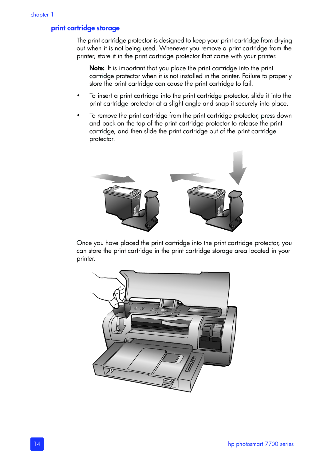 HP 7700 manual Print cartridge storage 